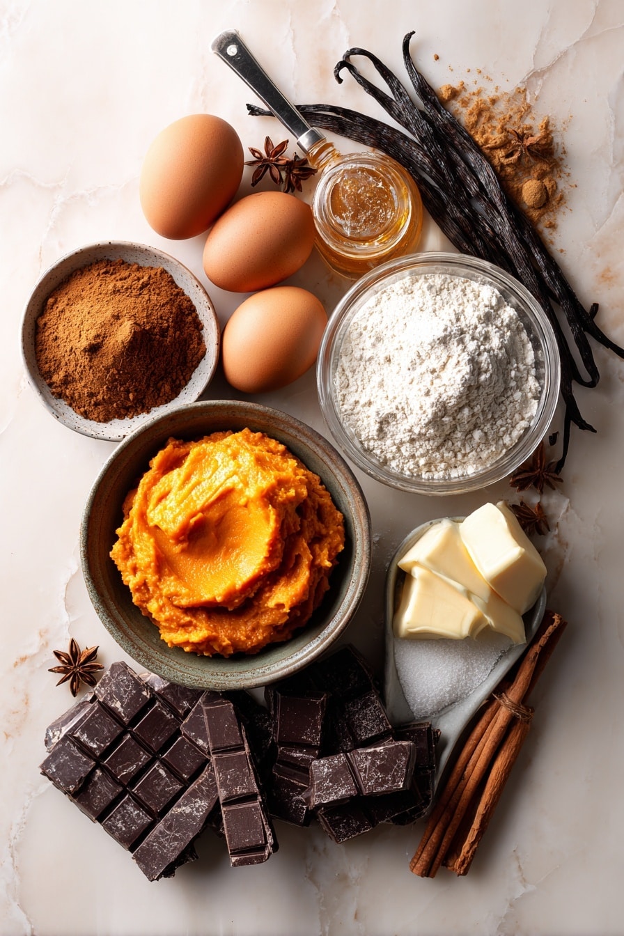 Flat lay of a rich orange pumpkin puree dollop surrounded by smooth brown eggs, a mound of deep golden brown sugar crystals, a scattering of warm brown pumpkin pie spice powder, a glossy drizzle of melted butter, a small heap of fine white all-purpose flour, and chunks of dark chopped chocolate, with vanilla pods and cinnamon sticks adding rustic texture and earth tones, all beautifully arranged with natural light enhancing the soft, warm colors and varied textures, placed on white marbled surface, photo taken with an iphone --ar 2:3 --v 7 - Pumpkin Skillet Cobbler, pumpkin dessert, fall cobbler recipes, easy pumpkin dessert, skillet cobbler