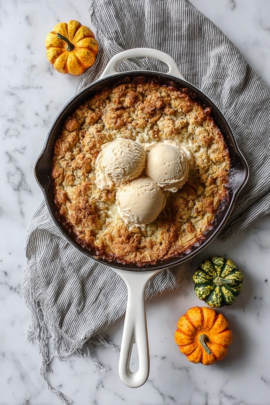 A round cast iron skillet with a white handle holds a baked dessert with a rough, golden brown crust and a crumbly texture on top. Three light brown scoops of ice cream with a slightly melting, creamy texture sit in the center of the dessert, creating a smooth contrast to the crunchy surface. The skillet is placed on a white marbled surface with a gray striped cloth underneath the handle. Around the skillet, there are three small decorative gourds in green, orange, and yellow colors adding a touch of autumn feel. Photo taken with an iphone --ar 2:3 --v 7 - Pumpkin Skillet Cobbler, pumpkin dessert, fall cobbler recipes, easy pumpkin dessert, skillet cobbler