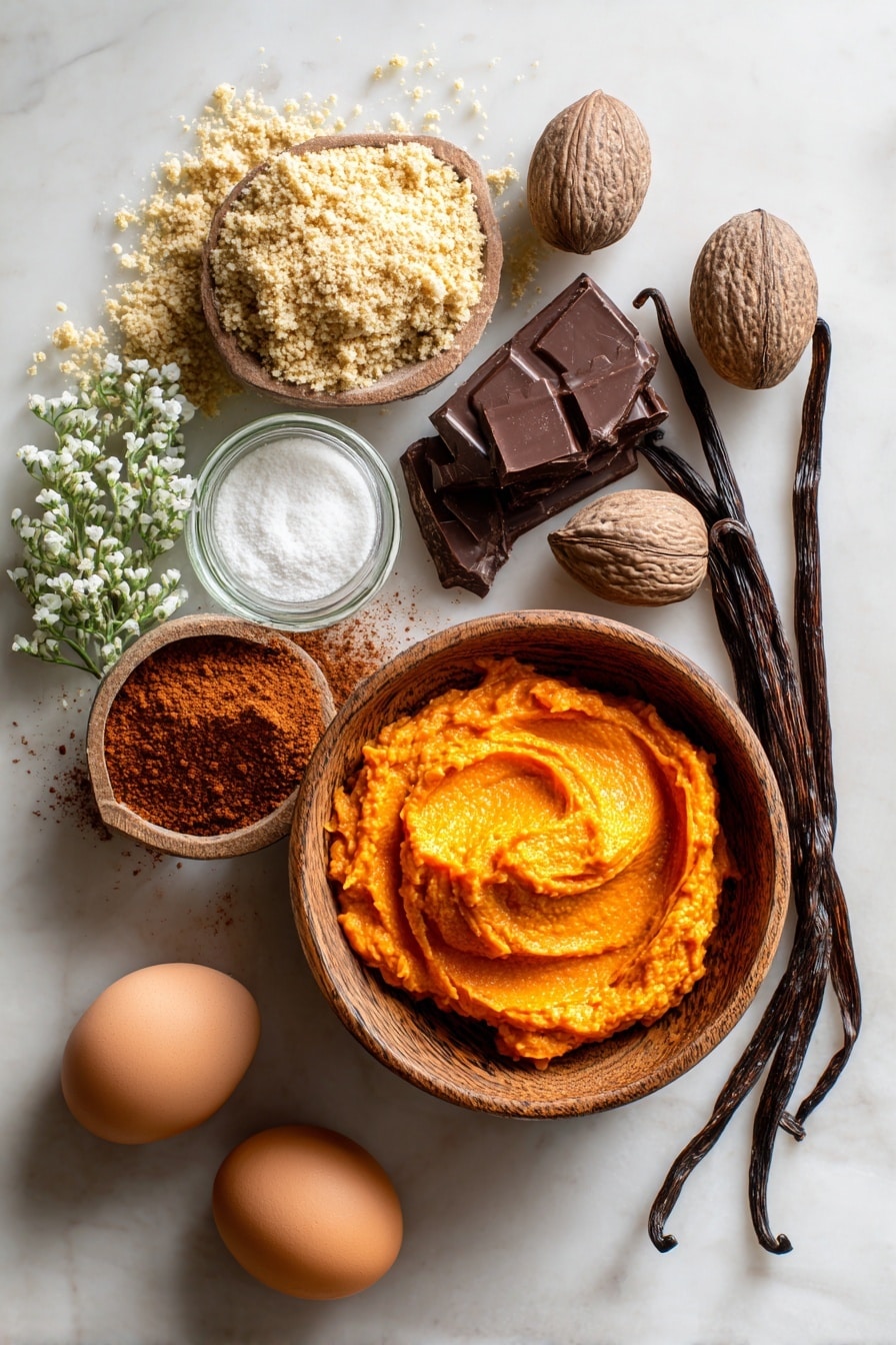 Flat lay of smooth orange pumpkin puree in a rustic wooden bowl, golden graham cracker crumbs scattered nearby, shiny dark chocolate chunks with deep brown color, a small mound of fine cinnamon powder with warm reddish-brown tones, fresh whole nutmeg with rough textured shell, cream in a clear glass jar showing its rich white smoothness, brown eggs with matte shells, and delicate greenish vanilla bean pods, all beautifully arranged with natural spacing and soft natural light, placed on white marbled surface, photo taken with an iphone --ar 2:3 --v 7 - Black Bottomed Pumpkin Pie with Marshmallow Frosting, pumpkin pie with chocolate crust, festive pumpkin dessert, marshmallow frosting pumpkin pie, layered pumpkin pie recipe