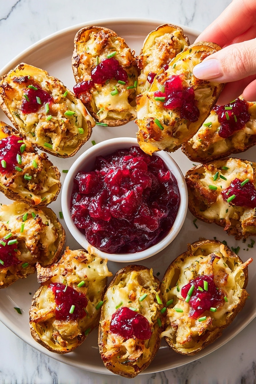 A white plate holds eight potato skins arranged in a circle around a small white bowl filled with chunky red cranberry sauce. Each potato skin has three visible layers: a crispy golden brown potato shell base, a middle layer of light yellow melted cheese, and a top layer of scattered brown stuffing pieces. Bright red dollops of cranberry sauce are spread unevenly over the stuffing, and small green chive pieces are sprinkled on top for color. One potato skin is being lifted from the bowl of cranberry sauce by a woman's hand. The background is a white marbled surface. photo taken with an iphone --ar 2:3 --v 7 - Thanksgiving Potato Skins with Turkey, Leftover Thanksgiving Dinner Ideas, Turkey and Stuffing Potato Skins, Cranberry Sauce Potato Skins, Holiday Leftover Appetizers