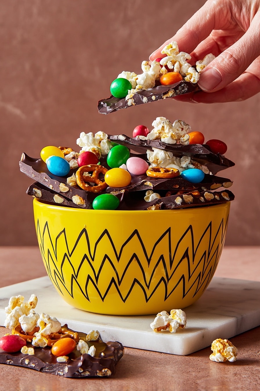 A bright yellow round bowl with a black zigzag line pattern holds several pieces of dark chocolate bark. Each bark piece is topped with scattered colorful jelly beans in green, red, orange, blue, and pink, along with broken pretzel bits and popcorn pieces. One piece of chocolate bark lies in front of the bowl on a white marbled surface, topped similarly with jelly beans, pretzels, and popcorn. A woman's hand is holding a piece of the chocolate bark above the bowl. The scene is set against a soft brown background. Photo taken with an iphone --ar 2:3 --v 7 - Charlie Brown Thanksgiving-Inspired Chocolate Bark, festive holiday chocolate bark, nostalgic holiday treats, easy chocolate bark recipe, popcorn pretzel candy