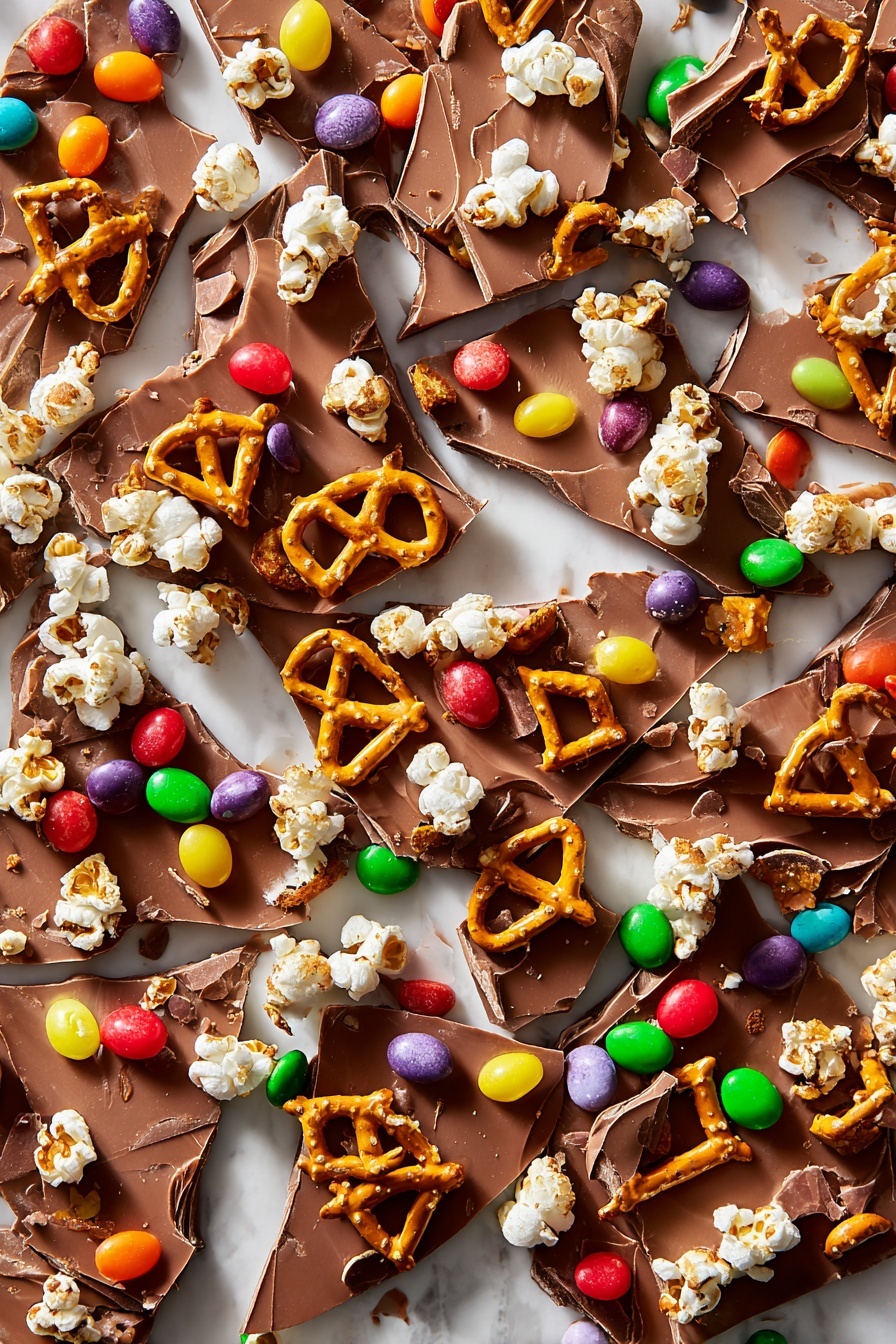 The image shows many irregular pieces of chocolate bark spread out on a white marbled surface. Each piece has a smooth, medium brown chocolate base layer. On top, there are crunchy pretzel pieces scattered unevenly, some whole and some broken, giving a light golden-brown color and rough texture. There are also small white popcorn pieces with a fluffy look randomly placed on the bark. Brightly colored jelly beans in red, green, orange, purple, yellow, and pink are scattered on top, adding pops of color and glossy texture across the chocolate pieces. The overall look is bright, crunchy, and colorful. photo taken with an iphone --ar 2:3 --v 7 - Charlie Brown Thanksgiving-Inspired Chocolate Bark, festive holiday chocolate bark, nostalgic holiday treats, easy chocolate bark recipe, popcorn pretzel candy