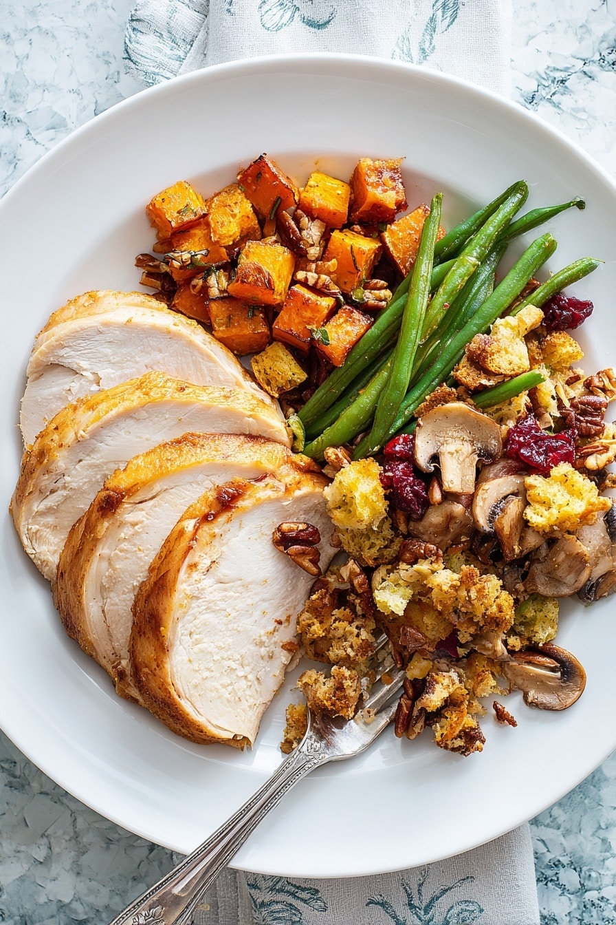 A large white tray filled with a Thanksgiving meal shows four distinct layers. On the right side, there is a sliced roasted turkey with golden brown skin, layered neatly revealing the juicy white meat inside. Around the turkey is a layer of crumbly stuffing with bits of celery, dried cranberries, and nuts in light yellow and brown colors. To the left of the stuffing are fresh green beans mixed with sautéed mushrooms that are brown and soft, topped with crispy fried onion pieces. Lastly, on the far left, there are small cubes of roasted sweet potatoes with a bright orange color, sprinkled with pecan pieces. The whole tray rests on a white marbled surface. photo taken with an iphone --ar 2:3 --v 7 - Sheet-Pan Thanksgiving Dinner, Thanksgiving dinner ideas, easy holiday dinner, one-pan Thanksgiving, holiday meal prep
