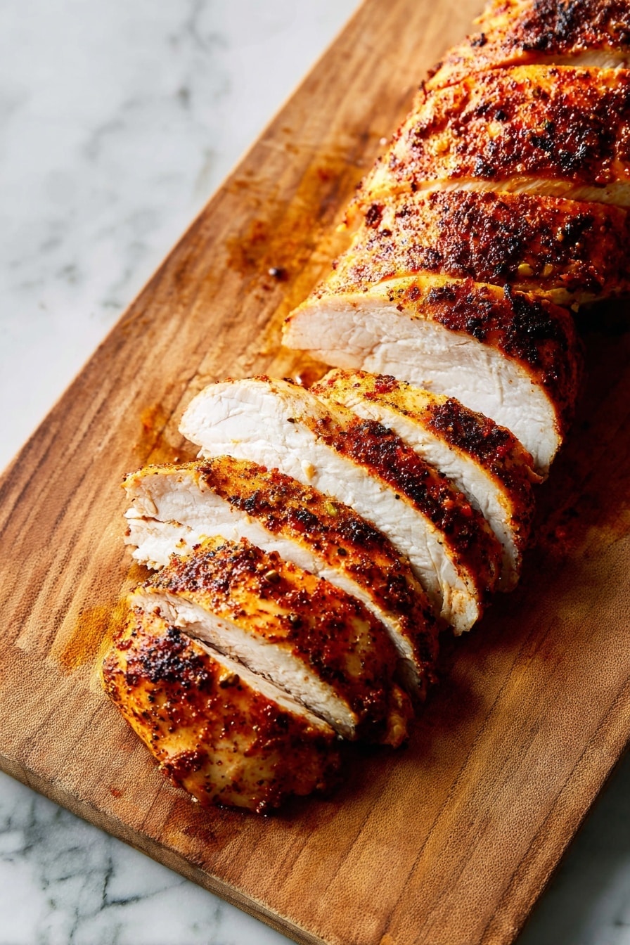 The dish shows two pieces of cooked chicken breast placed on a white plate with gentle wave edges, set on a white marbled surface. One piece is whole with a dark brown, textured, and spiced outer layer, while the other is cut into about ten even slices, revealing white, tender meat inside with a browned crust on the edges. Three green sprigs of thyme rest diagonally across the chicken, adding a fresh contrast in color. Some cracked black peppercorns are scattered around the plate, giving a little extra detail photo taken with an iphone --ar 2:3 --v 7 - Juicy Oven-Roasted Turkey Tenderloin with Spiced Crunch, turkey tenderloin recipe, roasted turkey tenderloin, crispy spiced turkey, juicy turkey main dish