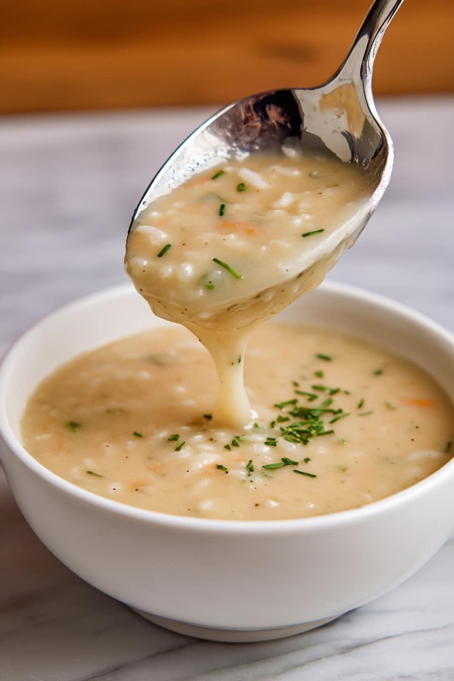 A close-up image of a shiny metal spoon filled with thick light beige soup that has small pieces of herbs and diced vegetables, held above a white square bowl filled with the same soup. The soup appears creamy with small green herb bits and tiny white chunks, all sitting on a white marbled textured surface with a warm brown wooden background slightly visible. The focus is sharp on the spoon's contents while the bowl and background are softly blurred. Photo taken with an iphone --ar 2:3 --v 7 - Gravy Without Drippings, How to Make Gravy Without Pan Drippings, Easy Vegetarian Gravy, Savory Herb Gravy, Quick Homemade Gravy