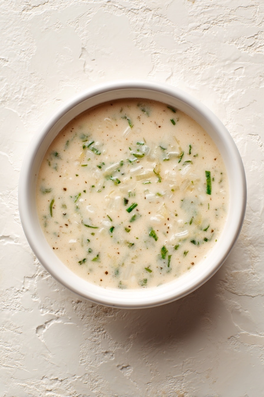 The image shows a close-up of a thick, creamy soup in a white bowl. The soup is pale beige with small chunks of onion and green herbs scattered throughout, giving it a slightly textured look. A spoon is lifting some soup from the bowl, showing its smooth, slightly lumpy consistency with herbs sticking to it. The background and surface have a white marbled texture, and the scene is simple and clean. photo taken with an iphone --ar 2:3 --v 7 - Gravy Without Drippings, How to Make Gravy Without Pan Drippings, Easy Vegetarian Gravy, Savory Herb Gravy, Quick Homemade Gravy