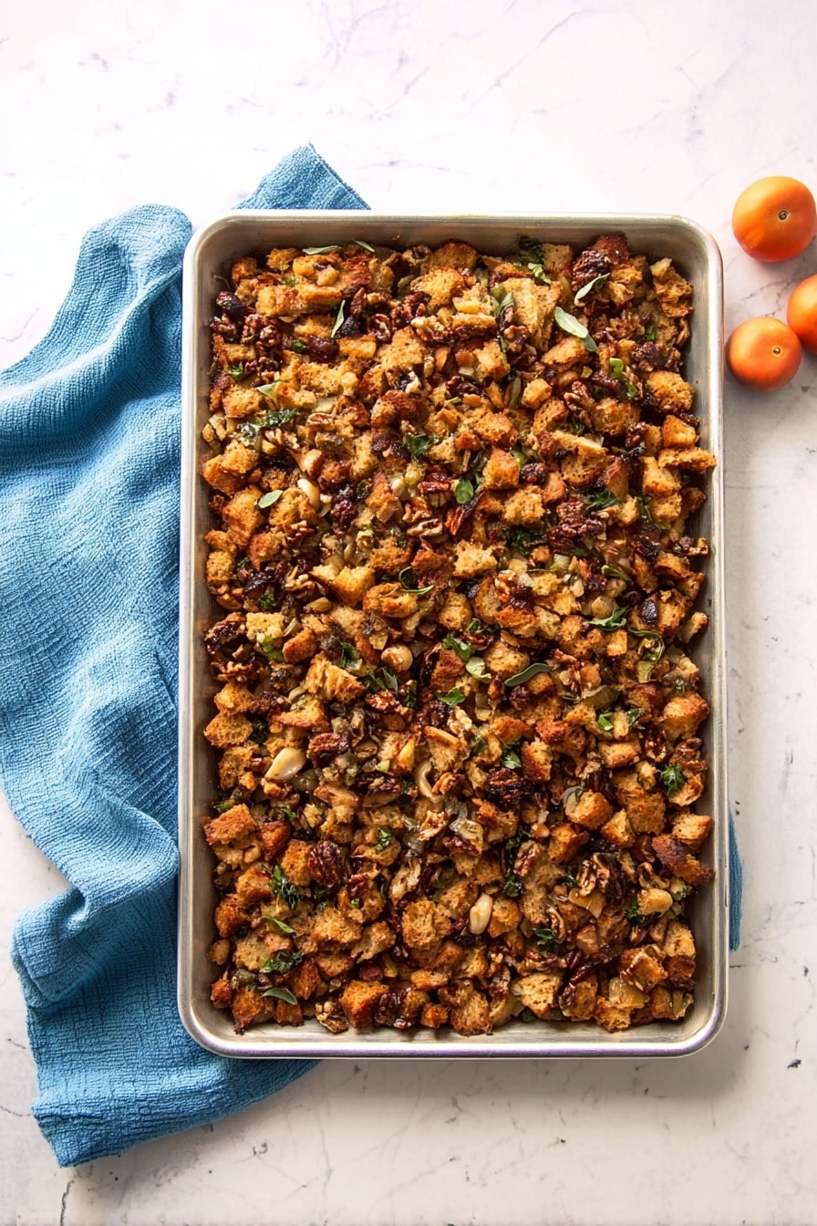 A sheet pan filled with a large, even layer of stuffing that has a mix of small golden brown bread cubes, orange sweet potato chunks, dark brown pecan halves, and green parsley sprinkled throughout the mixture, adding texture and color contrast. The bread cubes have a crisp, toasted look with some darker edges, while the sweet potatoes are soft and slightly glossy. The pecans add a rich, nutty element, and the parsley gives a fresh green touch, all sitting within a rustic metal pan placed on a white marbled surface with a light blue linen cloth on the left side. Photo taken with an iphone --ar 2:3 --v 7 - Sheet Pan Stuffing with Apples, Sausage, Cranberries, and Pecans, Thanksgiving stuffing ideas, easy savory stuffing, holiday side dishes, one-pan stuffing