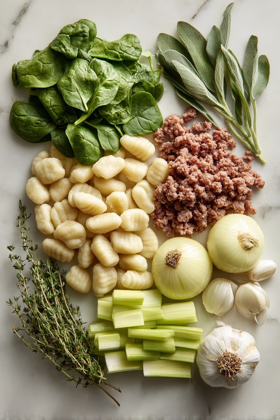 Flat lay of fresh gnocchi with its soft, pillowy texture in pale cream, sweet Italian sausage in rich reddish-brown crumbles, bright green baby spinach leaves with a gently wrinkled surface, thinly sliced celery stalks in a crisp light green, chopped yellow onion with translucent layers, whole garlic cloves with smooth white skins, fresh sage leaves in muted gray-green tones, and fresh thyme sprigs with tiny vibrant green leaves, all naturally scattered and overlapping slightly, placed on white marbled surface, photo taken with an iphone --ar 2:3 --v 7 - Gnocchi Sausage and Spinach Stuffing, hearty stuffing with gnocchi, savory sausage and spinach dish, comforting easy gnocchi casserole, flavorful Italian sausage stuffing