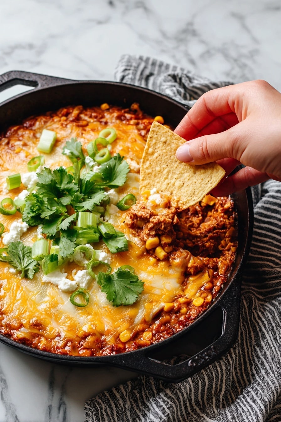 A black cast iron skillet filled with a baked dish showing two main layers: the top layer is golden brown melted cheese with some areas slightly crisped and bubbly, adorned with bright green cilantro leaves and slices of light green onion rings. Below the cheese, the filling layer is thick and creamy with a reddish-brown sauce mixed with chunks of yellow corn and bits of shredded chicken. A wooden spoon with a warm brown textured pattern rests in the skillet, partially scooping out the filling, exposing the creamy inside. The skillet is placed on a white marbled surface with some fresh cilantro leaves visible in the background. Photo taken with an iphone --ar 2:3 --v 7 - Bubbly Hot Chicken Enchilada Bean Dip, spicy party dip, cheesy bean dip, easy appetizer recipe, crowd-pleasing party dip