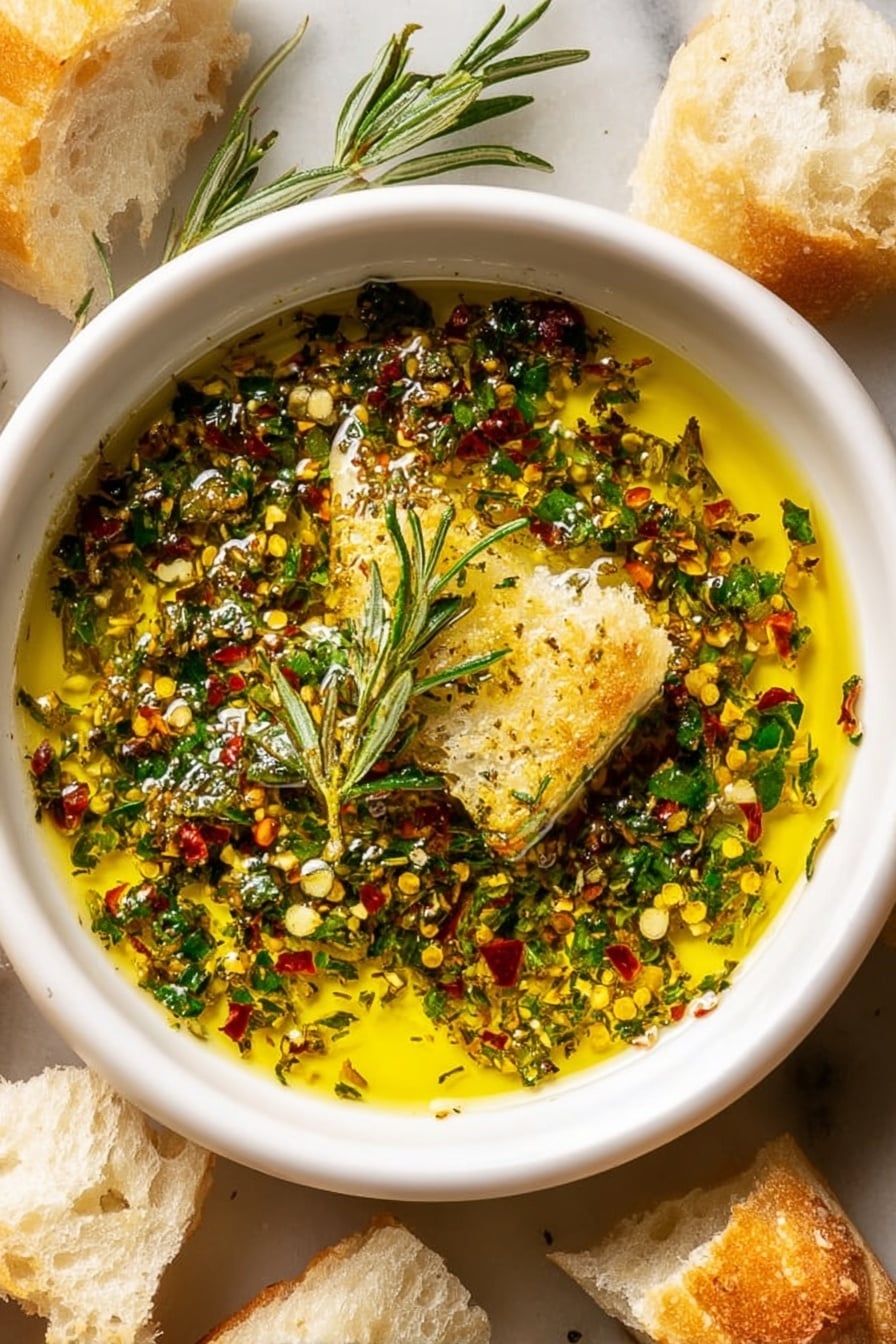 A white shallow bowl holds a dip made of a yellow-green oily mixture with visible herbs and spices, including finely chopped green leaves, red pepper flakes, and minced garlic spread evenly across the surface. Floating in the dip is a piece of golden toasted bread with a sprig of rosemary on top, located near the center. Around the bowl, pieces of soft white bread are scattered on a white marbled surface, ready for dipping. The image is a close-up, showing the textures of the oil, herbs, and bread clearly. Photo taken with an iphone --ar 2:3 --v 7 - Garlic Olive Oil Dip, easy garlic dip, flavorful bread dip, Mediterranean olive oil dip, quick appetizer dips