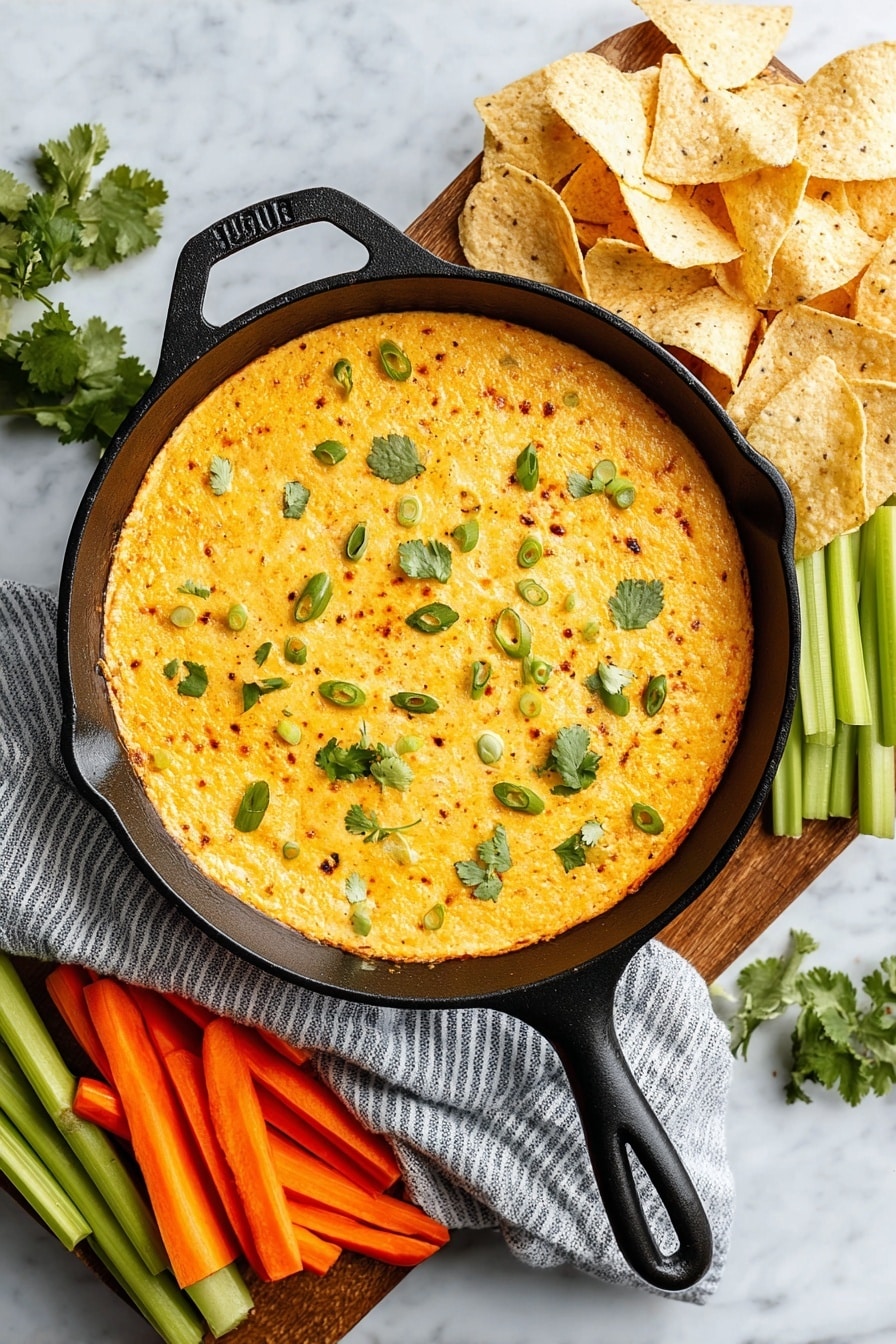 This image shows a black skillet filled with a thick, creamy dip that is bright orange with a slightly melted texture. On top of the dip, there are two golden, crispy tortilla chips partially dipped in, standing upright near the center. The surface of the dip is sprinkled with chopped green onions and fresh green cilantro leaves. A silver spoon is scooping some of the dip, showing its smooth and cheesy texture. In the background, there are fresh, vibrant carrot and celery sticks arranged, with the entire scene set on a white marbled surface. Photo taken with an iphone --ar 2:3 --v 7 - Vegetarian White Bean Buffalo Dip, white bean buffalo dip, vegetarian party dip, spicy buffalo cheese dip, creamy veggie buffalo dip