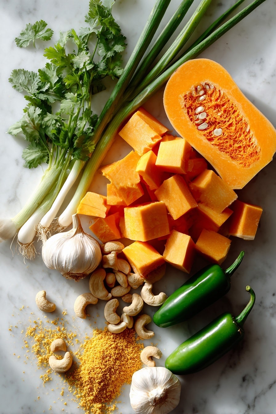 Flat lay of peeled and cubed bright orange butternut squash with smooth texture, whole raw cashews in creamy off-white, a vibrant green jalapeño sliced to show seeds and glossy skin, garlic cloves with papery white skins, a small mound of golden yellow nutritional yeast flakes, fresh bright green scallions with white bulbs and long green tops, sprigs of leafy cilantro with rich green color and delicate texture, placed on white marbled surface, photo taken with an iphone --ar 2:3 --v 7 - Vegan Jalapeno Butternut Squash Queso, plant-based queso dip, dairy-free spicy dip, vegan appetizer idea, vegan cheese sauce with butternut squash