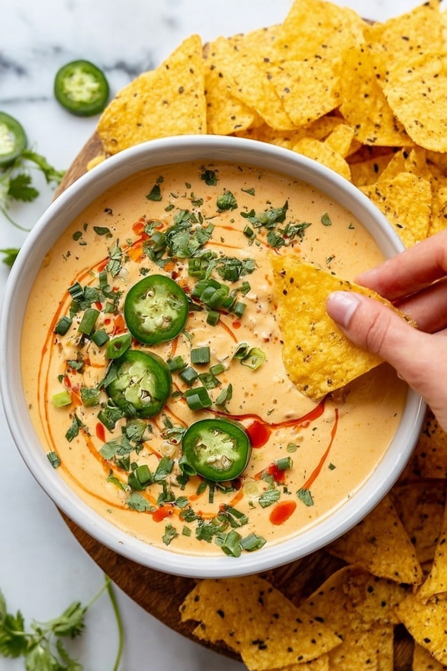 A bowl filled with smooth, creamy yellow cheese dip forms the base layer, swirled gently to show its thick texture. On top, a drizzle of bright red hot sauce creates a circular pattern near the center, adding a spicy contrast. Sliced green jalapeño rings and pieces of green onion bar are spread evenly over the cheese dip, giving a fresh, crisp look with their vibrant colors. Chopped green cilantro leaves are scattered generously across the surface, adding more texture and a burst of green. The bowl is placed on a round wooden cutting board, which is surrounded by white tortilla chips with visible black sesame seeds. The whole setup is on a white marbled surface. photo taken with an iphone --ar 2:3 --v 7 - Vegan Jalapeno Butternut Squash Queso, plant-based queso dip, dairy-free spicy dip, vegan appetizer idea, vegan cheese sauce with butternut squash