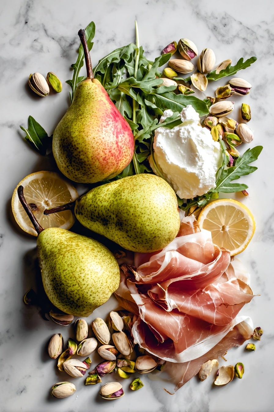 Flat lay of fresh ripe pears with smooth green and red skins, creamy white whole milk ricotta with a soft, fluffy texture, glossy deep green arugula leaves, vibrant pale yellow lemon slices with bright zest curls, rich pink prosciutto slices delicately rolled, glossy golden toasted pumpkin seeds, vibrant green shelled pistachios, and a small drizzle of shiny amber maple syrup glistening over the nuts, all beautifully arranged in a natural, slightly scattered way to highlight their colors and textures, placed on white marbled surface, photo taken with an iphone --ar 2:3 --v 7 - Ricotta and Pear Crostini with Salty Pumpkin Seed Pistachio Crunch, pear crostini with ricotta, gourmet appetizer with pear and nut crunch, easy pear and ricotta crostini, sophisticated appetizer for entertaining
