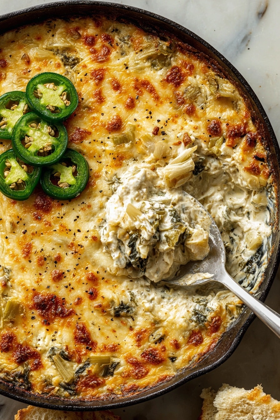 The image shows a baked dip in a black cast iron skillet on a white marbled surface. The dip has a top layer of melted cheese with golden-brown spots and visible green herbs throughout. On top of the dip, there are three fresh green jalapeño slices arranged near the center. Around the skillet, there are scattered white crackers, some whole and some broken. A striped blue and white cloth is wrapped around the skillet handle. In the upper right corner, a small white plate holds extra jalapeño slices. The overall look is warm and inviting with a mix of creamy, cheesy, and fresh green colors photo taken with an iphone --ar 2:3 --v 7 - Creamy Jalapeño Spinach Artichoke Dip, cheesy spicy spinach artichoke dip, quick hot spinach dip, cheesy jalapeño dip with greens, easy spinach artichoke appetizer