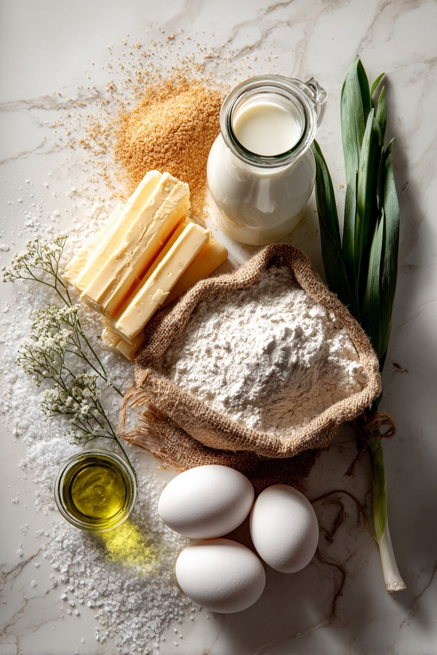 Flat lay of fresh whole milk in a clear glass bottle with creamy white color, golden yellow sticks of salted butter, light brown active dry yeast granules spilling gently from a small burlap sack, bright white large eggs with smooth shells, crystalline white sugar crystals sparkling softly, golden all-purpose flour dusted lightly in a small heap, and vibrant green fresh vegetable oil in a glass container, all beautifully arranged with soft natural lighting highlighting their textures and colors, placed on white marbled surface, photo taken with an iphone --ar 2:3 --v 7 - Parker House Rolls, homemade Parker House Rolls, soft buttery rolls, traditional dinner rolls, easy bread recipes