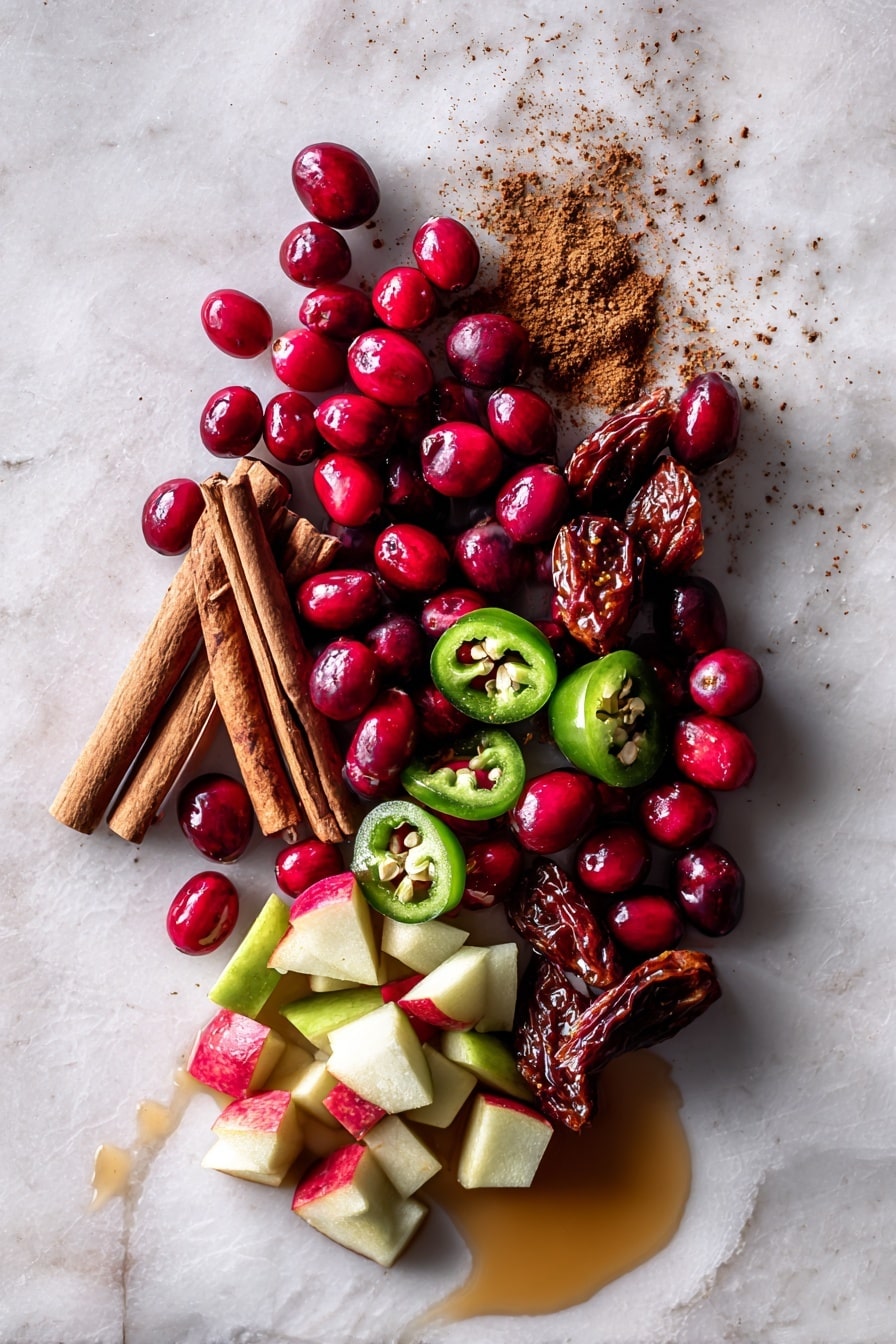Flat lay of plump, glossy fresh cranberries in deep red hues, a small bright green jalapeño sliced open to show its seeds, vibrant diced apple pieces with creamy white flesh and hints of red skin, rich dark brown dried figs with textured wrinkled surfaces, two smooth, reddish-brown cinnamon sticks, and a sprinkle of fine ground cloves in warm brown tones, all naturally arranged with a scattering of golden brown unfiltered apple cider vinegar visible in a small puddle, placed on white marbled surface, photo taken with an iphone --ar 2:3 --v 7 - Cranberry Chutney with Figs and Spicy Jalapeño, Cranberry chutney, Fig and jalapeño relish, Spicy fruit chutney, Holiday fruit condiment