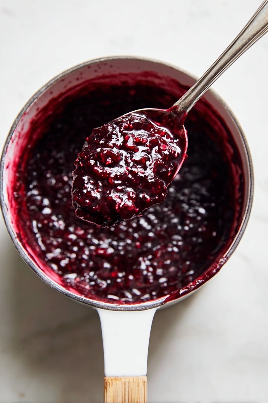 A white pot filled with thick, dark red berry jam, its texture chunky and shiny with visible fruit pieces, is featured from above on a white marbled surface. A silver spoon holding a generous scoop of this jam is lifted above the pot, showcasing the rich, sticky consistency and deep ruby color of the berry mixture. The pot's white handle has a wooden bottom part, and the jam coats some of the inner rim, adding vibrant red streaks around the edge. Photo taken with an iphone --ar 2:3 --v 7 - Cranberry Chutney with Figs and Spicy Jalapeño, Cranberry chutney, Fig and jalapeño relish, Spicy fruit chutney, Holiday fruit condiment