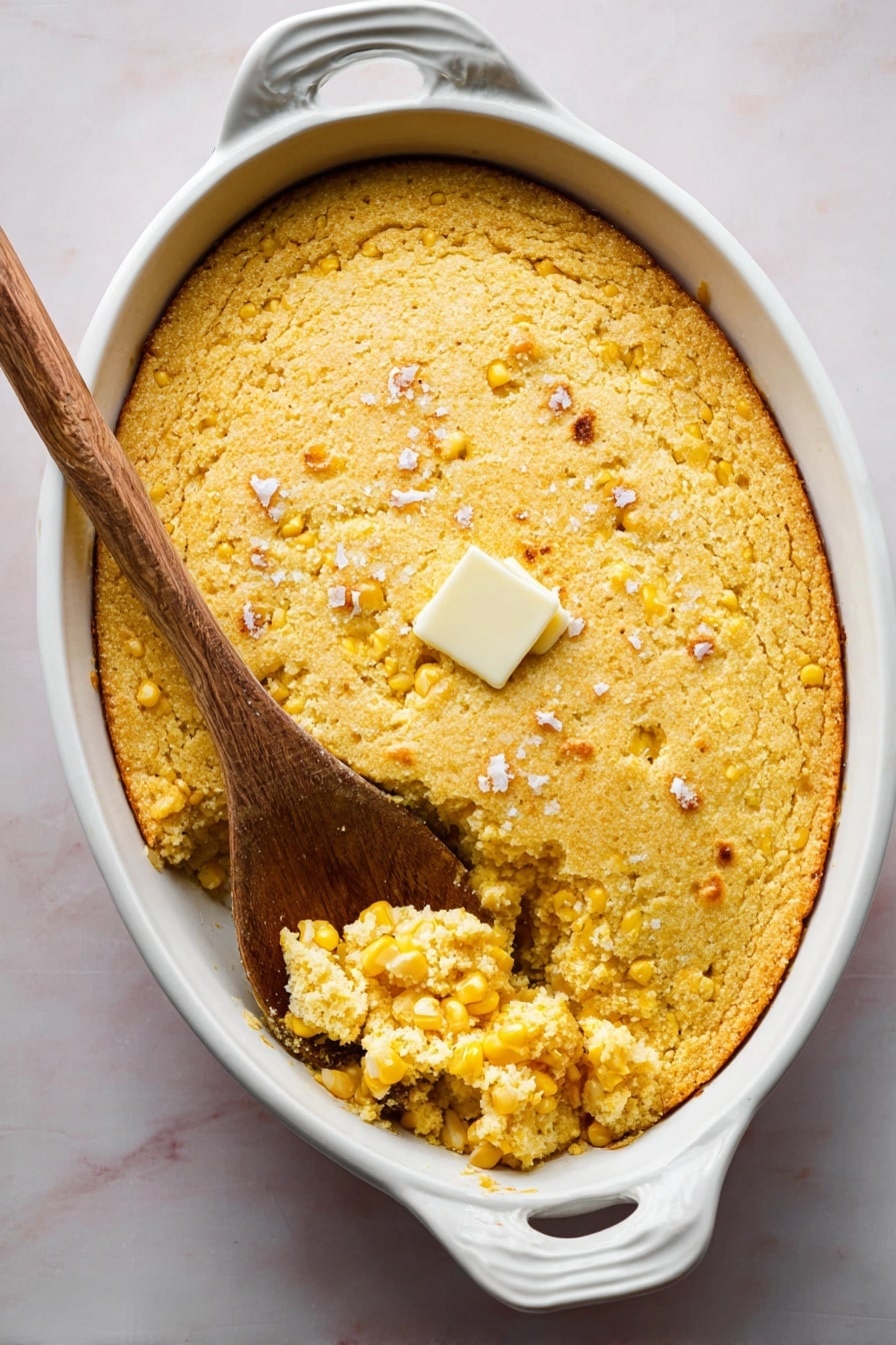 A single layer of golden yellow baked cornbread with a slightly crumbly and porous texture fills a white oval baking dish with handles on both sides. The top surface is even with small cracks and specks of visible corn kernels scattered throughout. The dish is set on a white marbled textured surface. Photo taken with an iphone --ar 2:3 --v 7 - Spoon Bread, Southern spoon bread, creamy corn pudding, easy Southern side dish, comfort food recipes