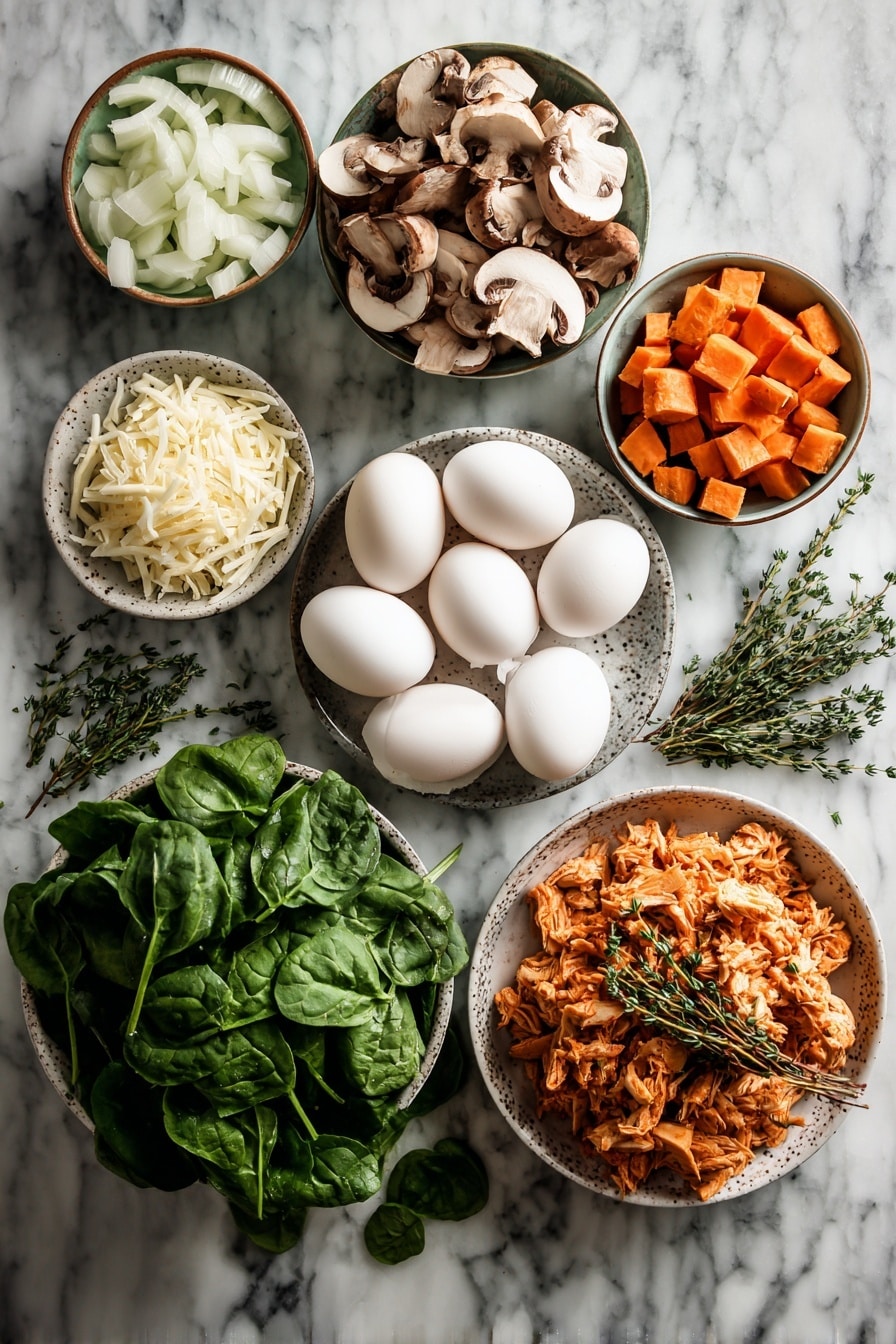 Flat lay of half a diced onion in a small bowl, a cup of sliced mushrooms spread out, a cup of diced sweet potatoes in a small pile, a large bunch of fresh baby spinach leaves, a heaping plate of shredded cooked turkey, eight large whole eggs arranged neatly, a small mound of shredded cheese, and sprigs of fresh thyme, all placed on a white marble surface, photo taken with an iphone --ar 2:3 --v 7 - Leftover Turkey Frittata, Turkey leftover breakfast ideas, easy turkey frittata recipe, brunch recipes with turkey, quick turkey leftovers dish