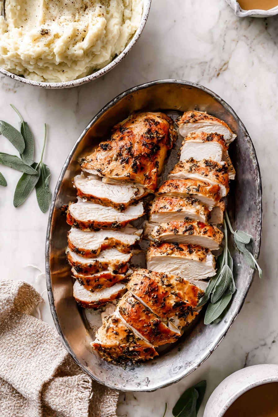 The image shows a white plate with four thick slices of cooked chicken placed in a row on the left side. The chicken has a crispy, golden-brown skin with visible grill marks and tender white meat inside. To the right of the chicken is a mound of creamy white mashed potatoes topped with a pool of light brown gravy, with some fresh sage leaves tucked partly under the potatoes. In the background, a white bowl filled with brown lentils or beans is slightly visible. The whole scene is set on a white marbled surface, with part of a light gray cloth napkin at the bottom left corner. photo taken with an iphone --ar 2:3 --v 7 - Air Fryer Turkey Breast with Herbs and Garlic, healthy turkey breast recipe, quick turkey dinner, easy air fryer turkey, flavorful turkey breast