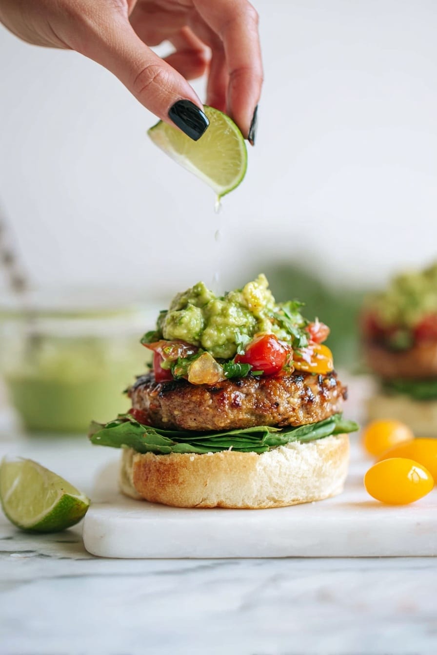 A close-up view of a sandwich with four layers, resting on a white marbled surface. The bottom layer is a soft white bun, topped with fresh, dark green spinach leaves. Above the spinach, there is a thick, browned meat patty. The next layer is a colorful mix of diced avocado, red and yellow tomatoes, and slices of red onion, giving a fresh, chunky texture. The sandwich is capped with the top half of the soft white bun, sprinkled with black and white sesame seeds. In the blurred background, a glass with red and white stripes is visible. photo taken with an iphone --ar 2:3 --v 7 - Guacamole Turkey Burgers with Fresh Tomato-Cilantro Salsa, healthy turkey burger recipes, easy summer burger ideas, light and flavorful burger recipes, fresh salsa burger dishes