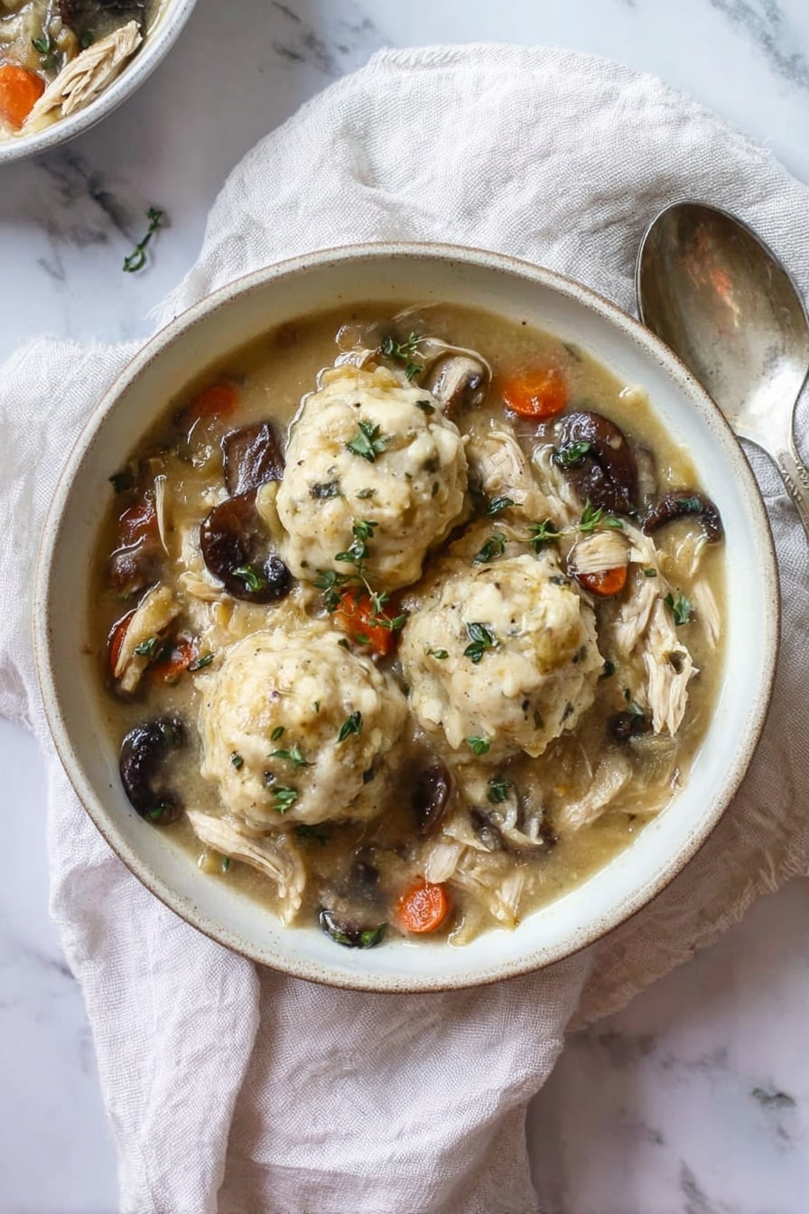 A bowl filled with a thick stew showing three large, light beige dumplings with a soft, slightly bumpy texture on the top layer, scattered with small green herb leaves. Beneath the dumplings, there is a mix of shredded pale chicken pieces, dark brown whole and sliced mushrooms with shiny caps, and small chunks of orange carrots all in a creamy light brown broth. The bowl is white and sits on a soft white cloth, with a silver spoon placed on a white marbled surface nearby. photo taken with an iphone --ar 2:3 --v 7 - Turkey and Mushroom Dumpling Stew, comforting turkey stew with mushrooms and dumplings, hearty turkey and mushroom skillet, cozy turkey mushroom hearty stew, easy turkey stew recipes