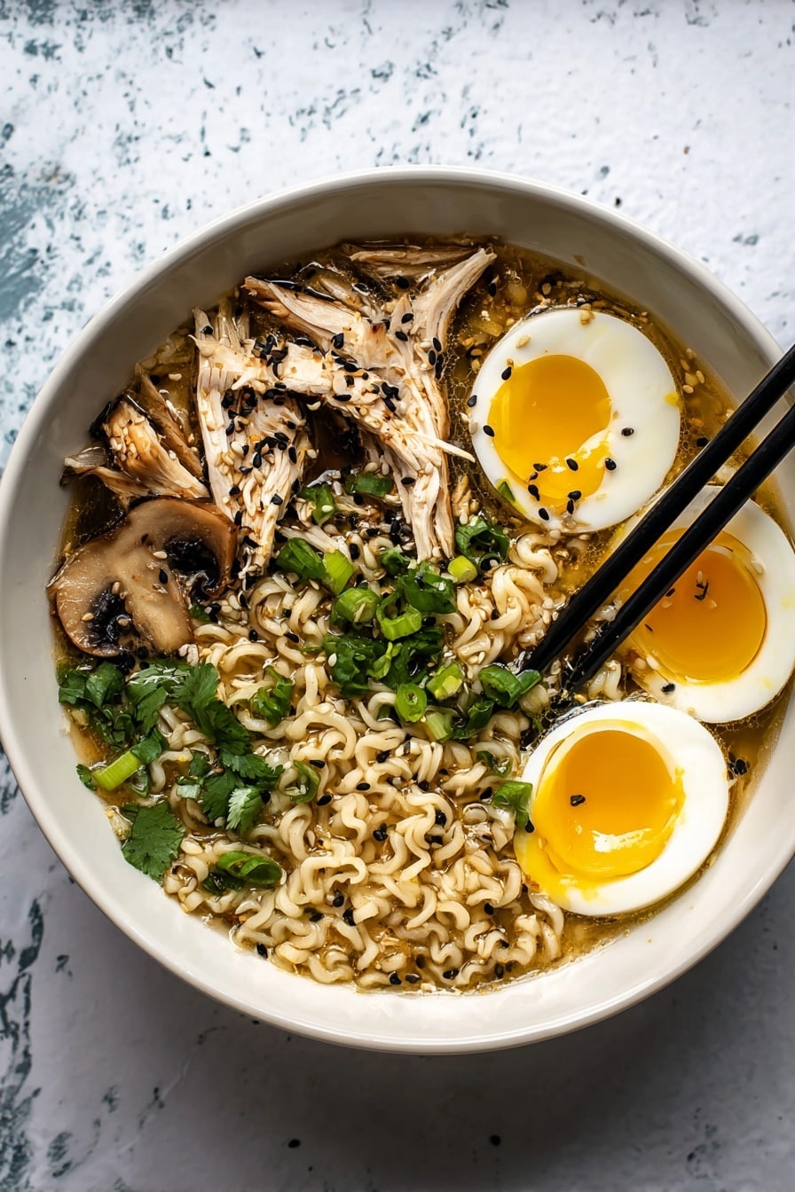A white bowl filled with clear broth holds three soft-boiled egg halves with bright yellow yolks and white edges, each sprinkled with black sesame seeds. On one side, there is a cluster of light beige curly noodles next to pieces of dark brown shiitake mushrooms and shredded light brown cooked chicken. Green cilantro leaves and chopped green onions float on the broth, mixed with small black and white sesame seeds. A large dark green seaweed piece sits beside the eggs. Black chopsticks rest on the right edge of the bowl, all set on a white marbled surface. Photo taken with an iphone --ar 2:3 --v 7 - Roasted Turkey Ramen, turkey ramen recipe, cozy ramen bowls, homemade turkey ramen, easy turkey ramen recipe