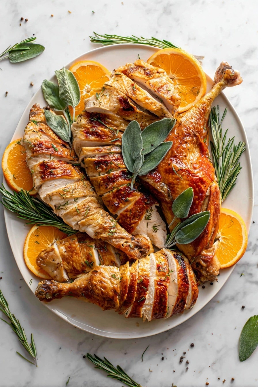A whole roasted chicken with golden brown, crispy skin sits on a white plate. It is surrounded by slices of bright orange, deep red pomegranate seeds, and fresh green herbs, including a sprig of sage resting on top near the leg. The chicken is positioned showing the breast and one leg clearly, with a soft, white marbled surface beneath the plate and a light gray textured background behind. Photo taken with an iphone --ar 2:3 --v 7 - Citrus Butter and Sage Roasted Turkey, roasted turkey with citrus and sage, flavorful holiday turkey recipe, crispy skin turkey roast, juicy holiday turkey