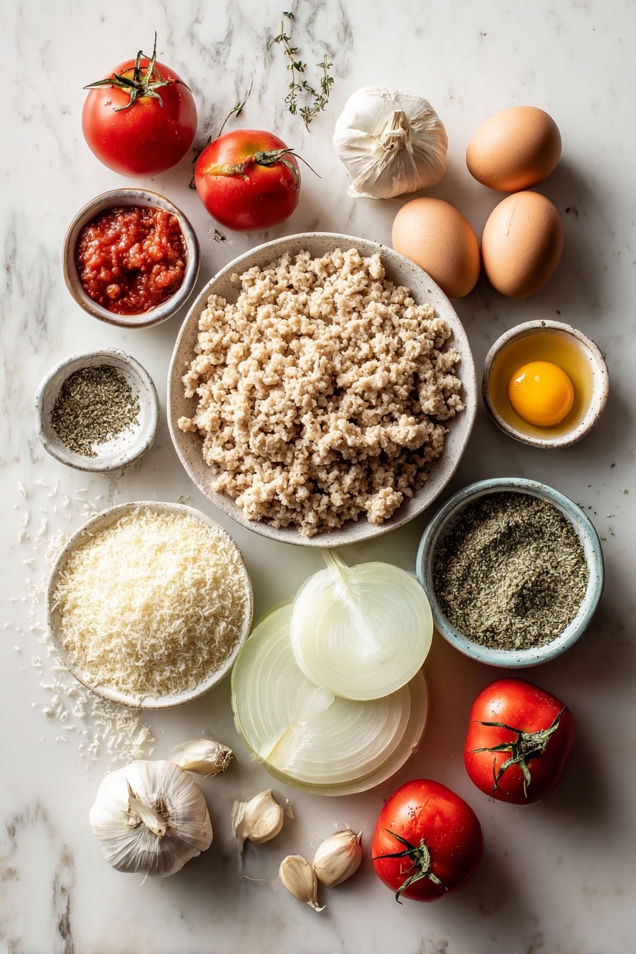 Flat lay of lean ground turkey, cooked quinoa grains, garlic cloves, a large sweet onion sliced into thin rounds, finely grated romano cheese, dried basil and oregano herbs, two cans of crushed tomatoes with vibrant red color, and a large beaten egg, all beautifully arranged in small groups and scattered naturally, placed on a white marble surface, photo taken with an iphone --ar 2:3 --v 7 - Healthy Crockpot Mini Turkey Quinoa Meatballs, healthy turkey meatballs, quinoa meatballs, slow cooker turkey recipes, nutritious dinner ideas