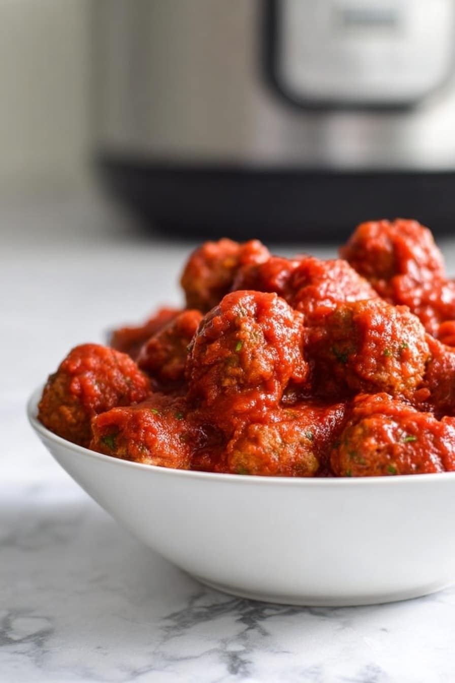 A white bowl filled with many small, round meatballs covered in thick red tomato sauce. The meatballs have a brownish texture beneath the sauce, which looks chunky and fresh. The bowl is set on a white marbled surface with a blurred background that includes part of a kitchen appliance. The focus is on the front side of the bowl, making the sauce and meatballs appear rich and inviting. photo taken with an iphone --ar 2:3 --v 7 - Healthy Crockpot Mini Turkey Quinoa Meatballs, healthy turkey meatballs, quinoa meatballs, slow cooker turkey recipes, nutritious dinner ideas