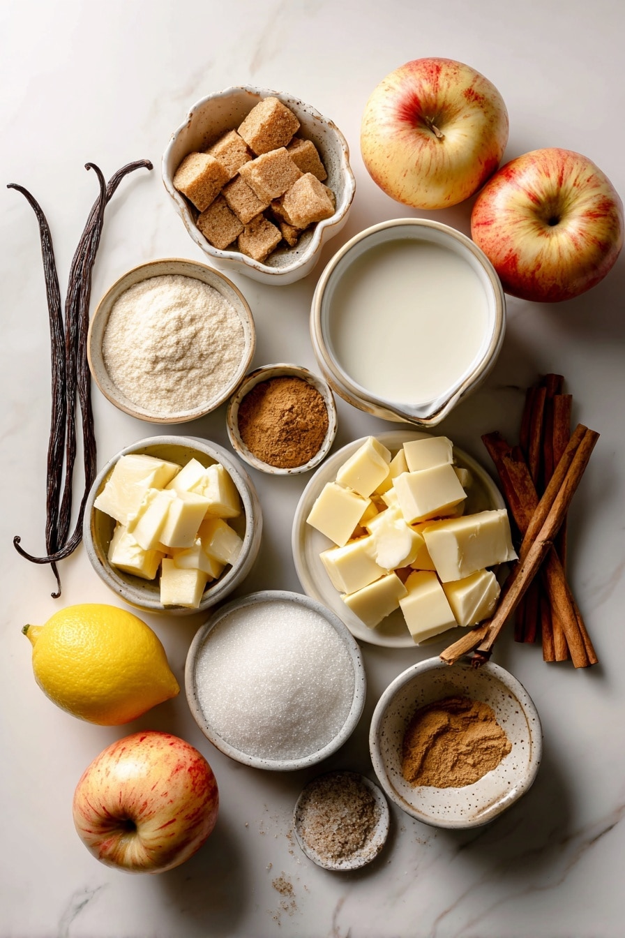 Flat lay of peeled and sliced fresh apples, light brown packed brown sugar, soft golden butter chunks, warm-toned ground cinnamon and nutmeg powders, creamy white milk, bright lemon halves, smooth vanilla bean pod, and a sprinkling of coarse sugar crystals, all beautifully arranged in a natural, rustic style placed on a white marble surface, photo taken with an iphone --ar 2:3 --v 7 - Thanksgiving Apple Pandowdy, apple pandowdy dessert, Thanksgiving fruit cobbler, rustic apple dessert, easy holiday apple recipe