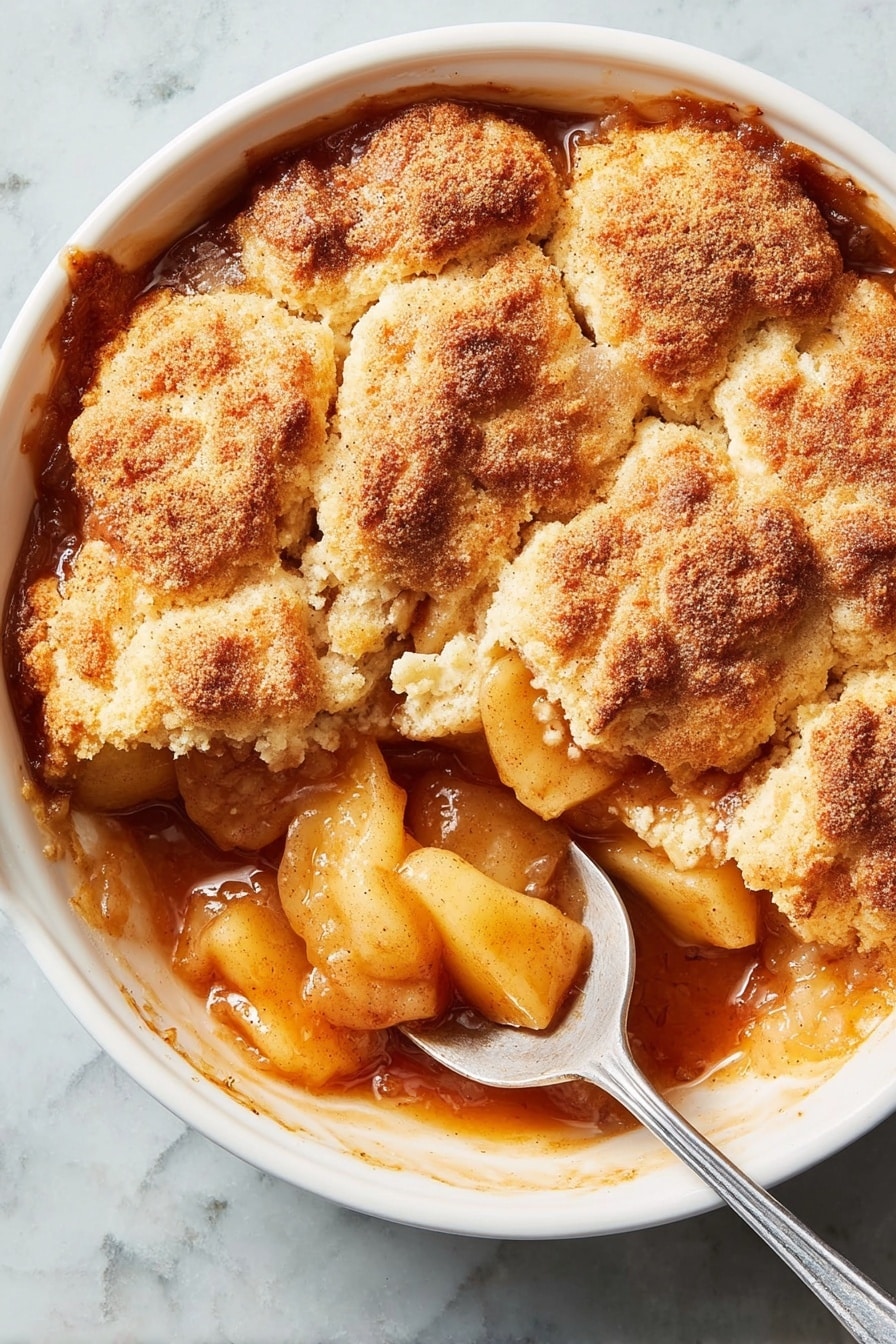 A white round dish filled with a warm apple cobbler showing two main layers: the top layer is a golden-brown, crumbly biscuit crust with a dusting of cinnamon and sugar, featuring uneven puffed sections that look crispy and soft; the bottom layer is a thick, bubbling apple filling with soft, sliced apple pieces immersed in a syrupy, amber-colored sauce that spills slightly over the edges; a metal spoon rests inside the dish, partially scooping the filling from the bottom, all placed on a white marbled surface photo taken with an iphone --ar 2:3 --v 7 - Thanksgiving Apple Pandowdy, apple pandowdy dessert, Thanksgiving fruit cobbler, rustic apple dessert, easy holiday apple recipe