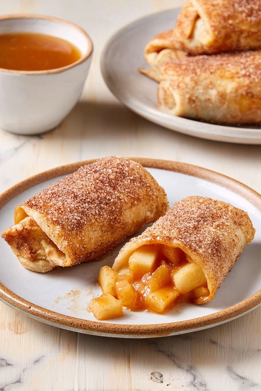 The image shows two baked apple turnovers on a white plate with a light brown rim, placed on a white marbled surface. One turnover is whole with a golden-brown, slightly crispy crust sprinkled with sugar and cinnamon. The other turnover is cut open, revealing soft, diced apple pieces coated in a light cinnamon sauce spilling out. In the background, there is a white bowl filled with a warm, amber-colored sauce and a white plate holding more turnovers with the same golden crust and sugar-cinnamon topping. The scene captures a cozy, homemade dessert look with warm colors and textures. photo taken with an iphone --ar 2:3 --v 7 - Apple Pie Egg Rolls with Caramel Sauce, apple pie egg roll recipe, caramel apple dessert, easy apple egg rolls, crispy apple spring rolls
