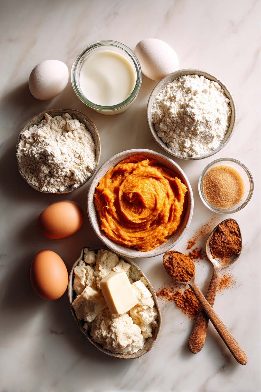 Flat lay of a rich orange pumpkin puree dollop, a small mound of golden sugar, a scattering of warm brown pumpkin pie spice, two large fresh eggs with smooth shells, a stick of creamy melted butter, creamy evaporated milk in a small glass pour, a heap of pale biscuit baking mix, and a splash of clear vanilla extract, all beautifully arranged in soft natural light and placed on a white marble surface, photo taken with an iphone --ar 2:3 --v 7 - Slow-Cooker Pumpkin Pie Pudding, pumpkin dessert, easy fall dessert, healthy pumpkin pudding, seasonal pumpkin recipes
