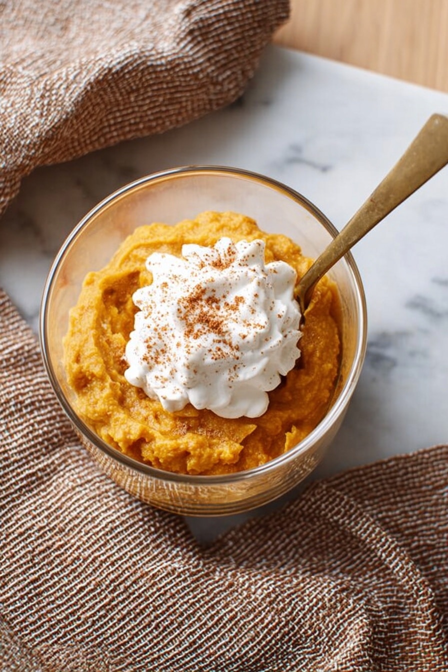 Three clear glasses each contain two scoops of orange-colored pumpkin mousse with a soft texture. Two of the glasses have a dollop of white whipped cream on top, sprinkled with light brown cinnamon powder. The third glass only has the pumpkin mousse without whipped cream. On the white marbled surface near the glasses, there is a small bowl filled with white whipped cream and a metal spoon resting inside it. A glass jar containing cinnamon powder with small holes in its lid is also placed nearby. photo taken with an iphone --ar 2:3 --v 7 - Slow-Cooker Pumpkin Pie Pudding, pumpkin dessert, easy fall dessert, healthy pumpkin pudding, seasonal pumpkin recipes