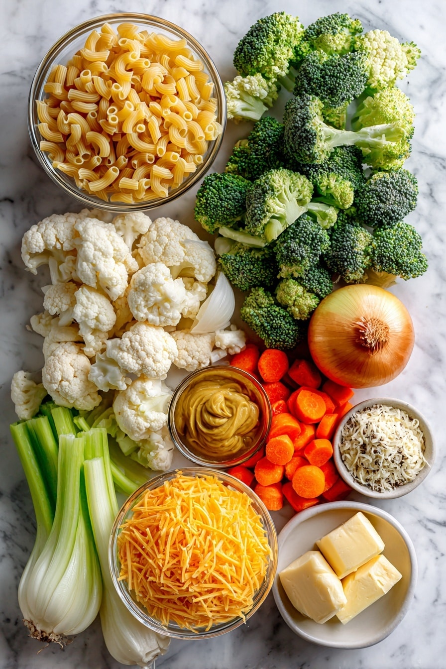 Flat lay of uncooked elbow macaroni, fresh broccoli florets, fresh cauliflowerets, thinly sliced bright orange carrots, sliced pale green celery ribs, a whole medium yellow onion, a small pat of butter, shredded sharp cheddar cheese with its rich orange color, and a small bowl of Dijon mustard, all beautifully arranged with vibrant colors and natural textures, placed on a white marble surface, photo taken with an iphone --ar 2:3 --v 7 - Veggie Mac and Cheese, healthy veggie mac and cheese, cheesy vegetable pasta, family favorite mac and cheese, easy baked veggie pasta