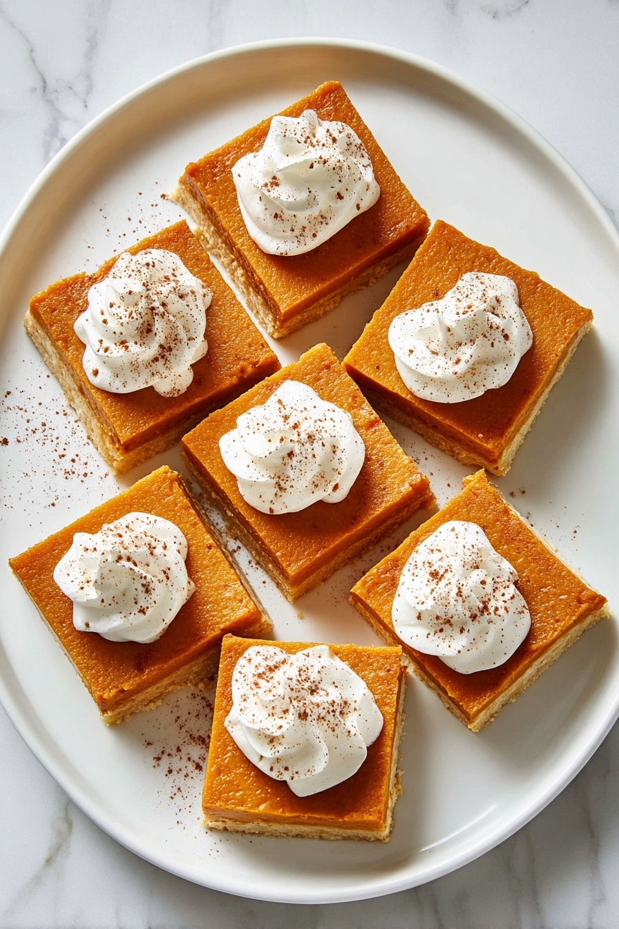 The image shows seven square pieces of pumpkin pie with two layers: a bottom crust layer in light beige and a thick, smooth orange pumpkin filling on top. Each square has a dollop of white whipped cream with a light sprinkling of brown cinnamon powder on it. The pie squares are arranged neatly on a white oval plate, which sits on a white marbled surface. The overall look is neat and inviting, with the orange color of the pumpkin filling standing out against the white plate and creamy dollops of whipped cream. photo taken with an iphone --ar 2:3 --v 7 - Pumpkin Shortbread Bars, Pumpkin Bars with Shortbread Crust, Fall Pumpkin Dessert, Pumpkin Pie Bars, Easy Pumpkin Dessert Recipes