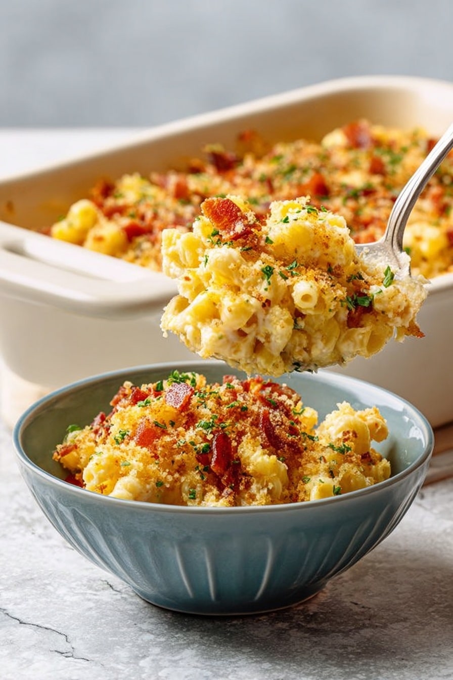 A rectangular white ceramic baking dish filled with a baked casserole showing multiple layers; the bottom layer looks creamy and pale yellow, topped with a golden-brown crispy layer with pieces of reddish-brown bits scattered evenly across the surface, mixed with small green herb leaves for color, all baked to a bubbly texture with a crunchy crumb topping, placed on a white marbled surface photo taken with an iphone --ar 2:3 --v 7 - Cream Cheese Mac and Cheese Casserole, cheesy baked mac and cheese, creamy pasta casserole, easy comfort food recipes, baked macaroni and cheese