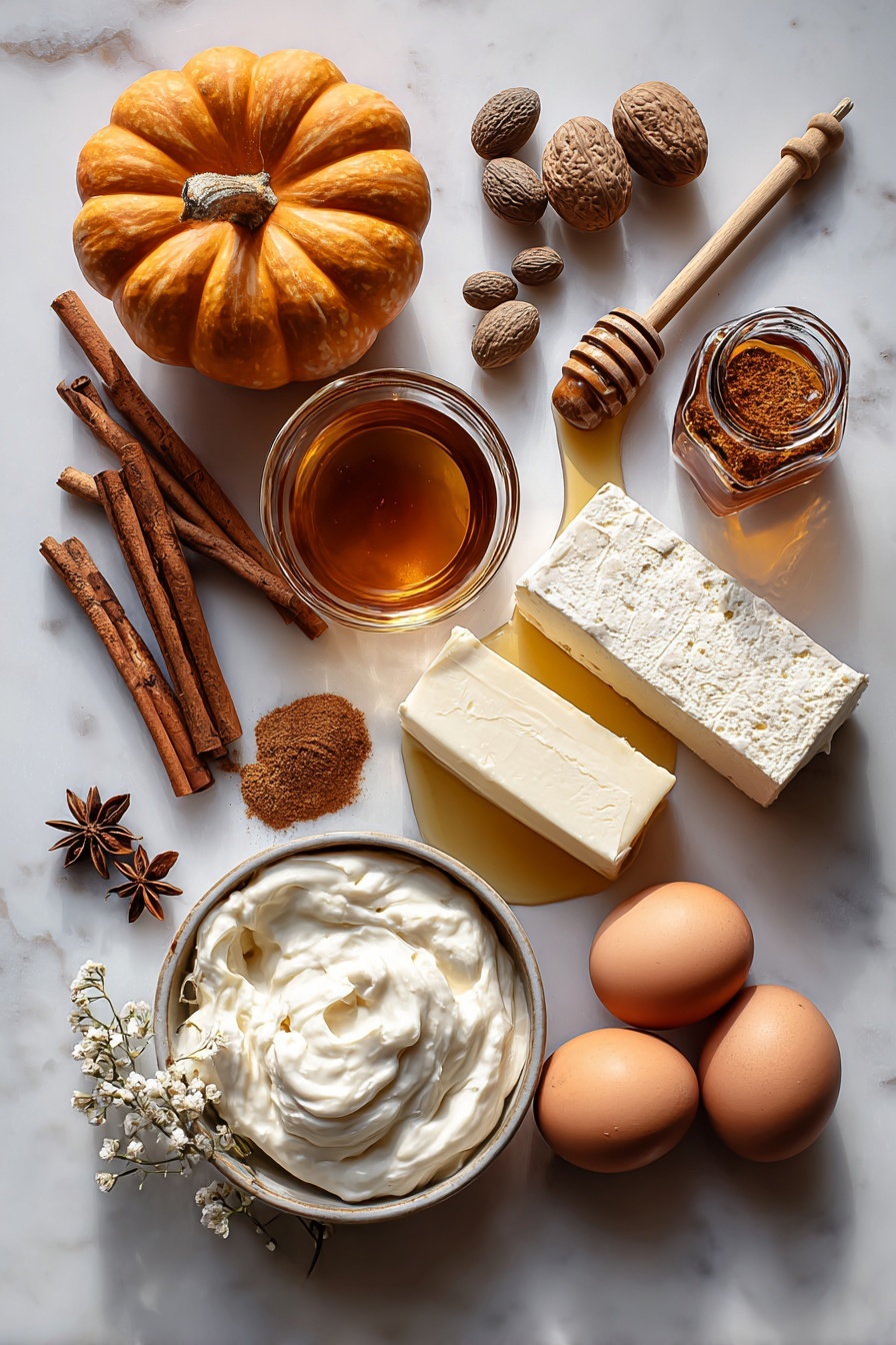 Flat lay of rich solid-pack pumpkin, warm ground cinnamon sticks, bright whole nutmeg, fresh cloves, a small jar of dark rum with amber liquid, smooth cream cheese block, a bowl of thick heavy whipping cream, golden honey dripping in a thin stream, and a carton of large brown eggs, all beautifully arranged with natural light highlighting their textures and colors, placed on a white marble surface, photo taken with an iphone --ar 2:3 --v 7 - Pumpkin Tiramisu, fall dessert recipes, pumpkin-based desserts, easy pumpkin tiramisu, holiday pumpkin dessert
