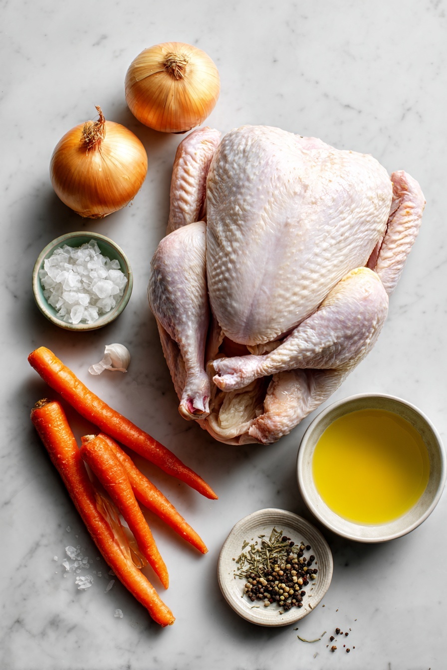 Flat lay of a whole fresh turkey with smooth skin, two medium yellow onions—one halved and one roughly chopped, vibrant orange carrot chunks, a small puddle of golden olive oil, a glossy pat of melted butter, a small bowl of rich poultry broth, and a scattering of coarse salt crystals and cracked black peppercorns, all beautifully arranged on a white marble surface, photo taken with an iphone --ar 2:3 --v 7 - Instant Pot Whole Turkey, Instant Pot turkey recipe, quick turkey cook, juicy turkey in pressure cooker, easy holiday turkey