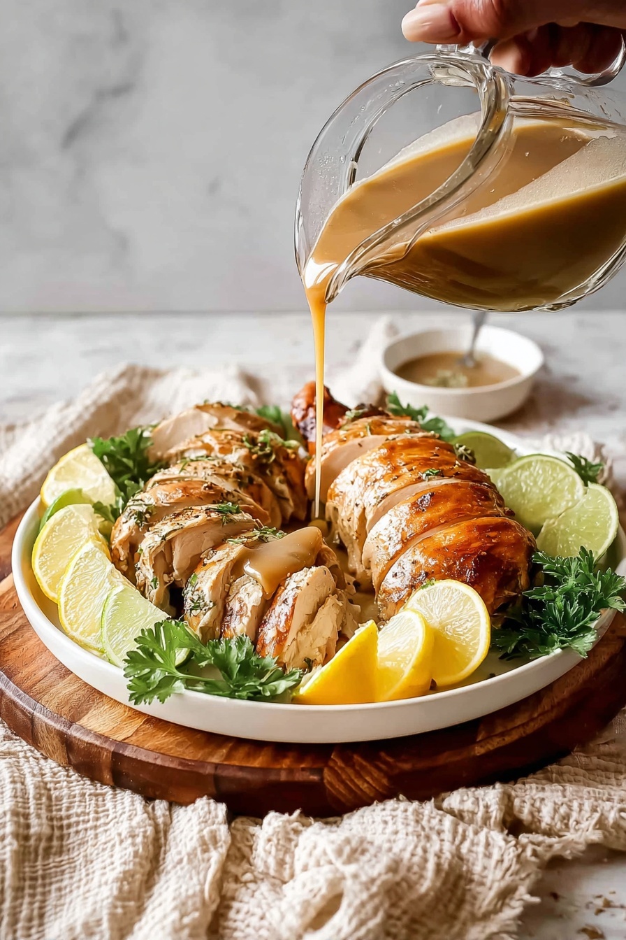 A white plate sits on a round wooden board over a white marbled surface, holding a roasted sliced chicken breast arranged in three rows of thick golden-brown pieces in the center-right, two browned chicken drumsticks placed on the top left, all surrounded by fresh green leafy herbs. Brightly colored lemon and lime slices in yellow and green are placed at the top and bottom edges of the plate. A light brown textured cloth is casually draped on the top right corner. photo taken with an iphone --ar 2:3 --v 7 - Instant Pot Whole Turkey, Instant Pot turkey recipe, quick turkey cook, juicy turkey in pressure cooker, easy holiday turkey
