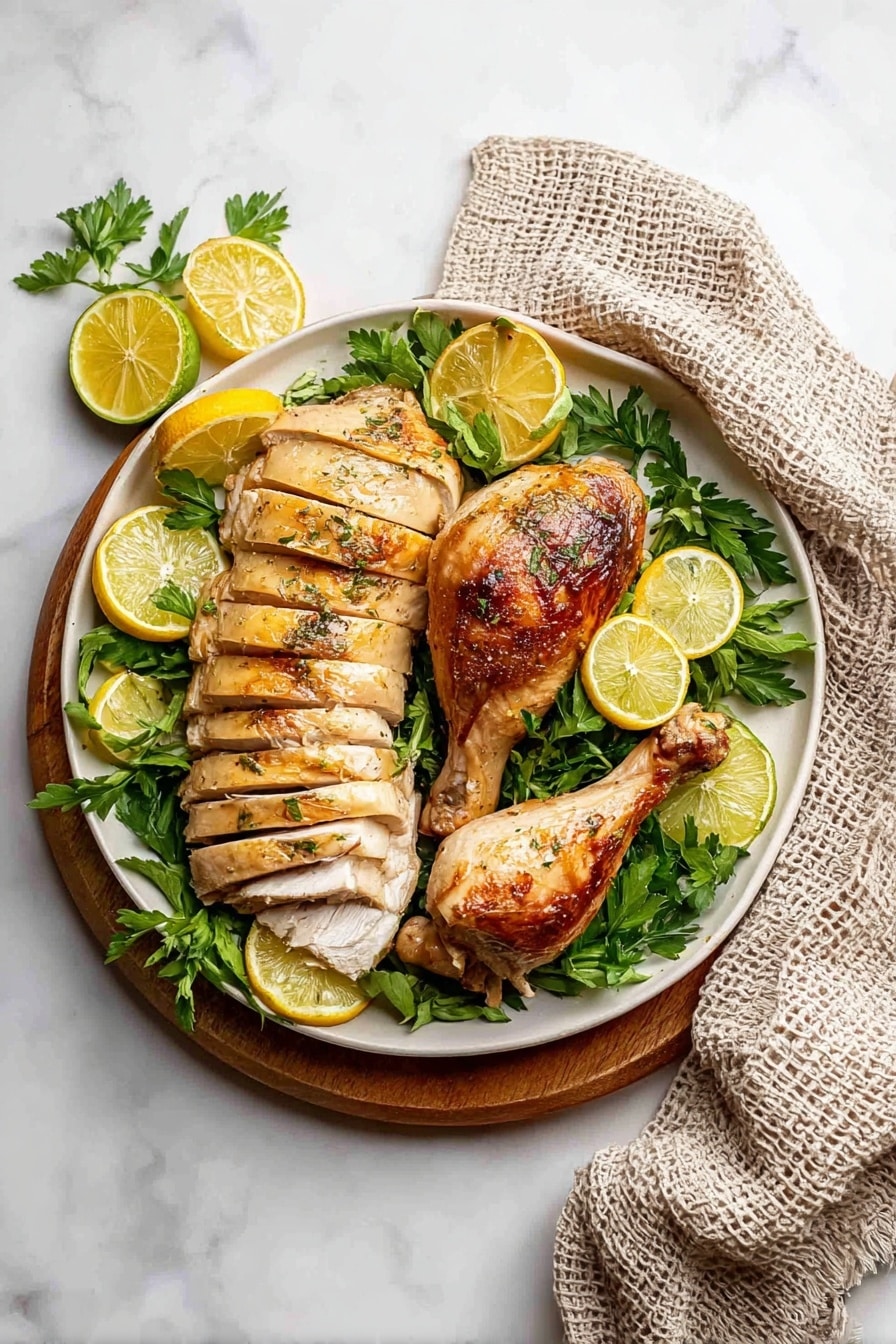 A whole roasted chicken with golden-brown, crispy skin sits in the center of a white plate, with its legs tied at the front. The chicken is surrounded by fresh green parsley leaves and garnished with two slices of yellow lemon placed on opposite sides. The plate rests on a round wooden board, and a beige textured cloth is draped in the background over a white marbled surface. photo taken with an iphone --ar 2:3 --v 7 - Instant Pot Whole Turkey, Instant Pot turkey recipe, quick turkey cook, juicy turkey in pressure cooker, easy holiday turkey