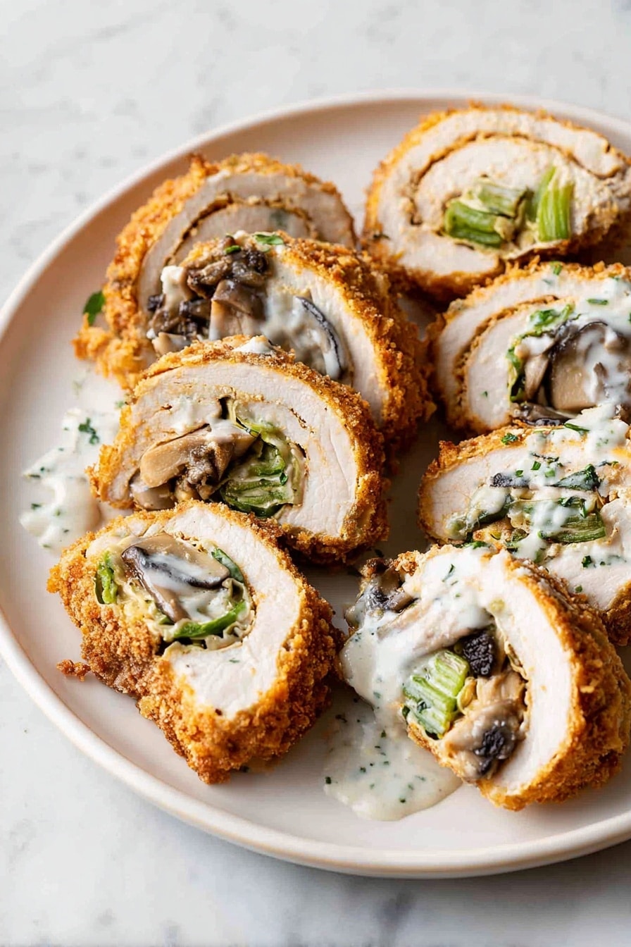 The dish shows several slices of a rolled and fried item arranged on a white plate over a white marbled surface. Each slice reveals layers including a golden crispy outside layer, a thick white cooked layer underneath, and a filling with green vegetables and small dark mushroom pieces inside. A creamy white sauce with green herb bits is drizzled over some slices. The rolled pieces are cut unevenly, showing the different textures of the crunchy outside, soft white inside, and moist filling clearly. photo taken with an iphone --ar 2:3 --v 7 - Creamy Chicken Roulade with Spinach Mushrooms Alfredo Sauce, Chicken Roulade with Spinach and Mushrooms, Elegant Chicken Dinner Recipe, Easy Chicken Roulade, Creamy Stuffed Chicken Breast