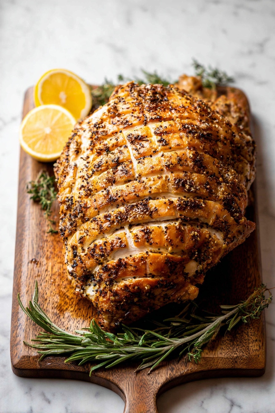 A wooden board holds a thick round piece of cooked turkey sliced into five layers, with the top layer still mostly whole and the rest fanned out below it. The turkey is light beige inside with a browned, seasoned outer skin. A creamy brown gravy is poured over the center, flowing down through the layers. To the side, half a yellow lemon slice and fresh green rosemary sprigs add color. The background is a white marbled texture. photo taken with an iphone --ar 2:3 --v 7 - Instant Pot Turkey Roast, Turkey Roast with Creamy Gravy, Juicy Turkey with Instant Pot, Easy Turkey Roast Recipe, Pressure Cooker Turkey Meal