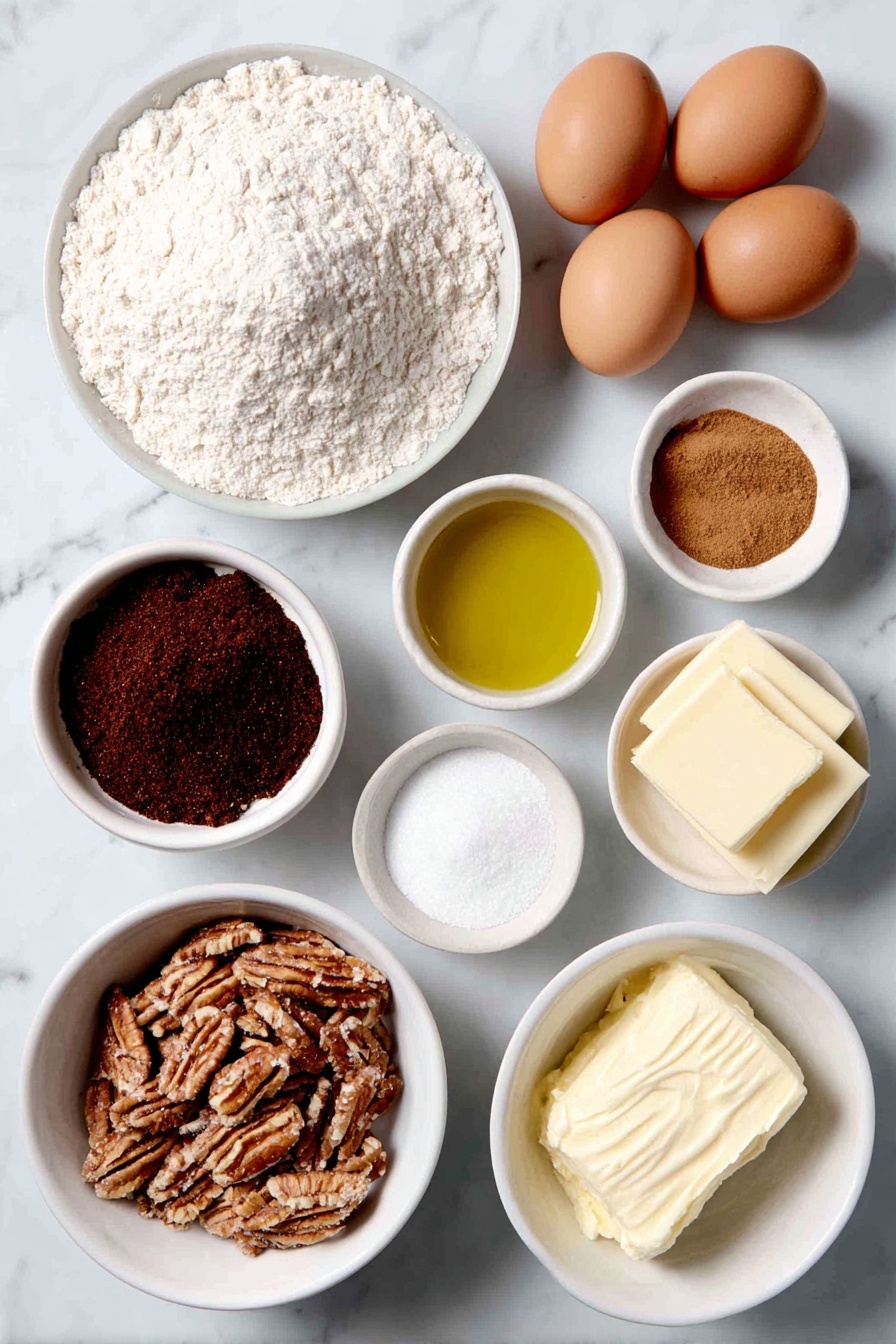 Flat lay of a small mound of all-purpose flour, a white ceramic bowl of light brown baking soda powder, a white ceramic bowl filled with ground cinnamon, a white ceramic bowl containing ground nutmeg, a small pile of coarse salt, a white ceramic bowl of golden vegetable oil, a white ceramic bowl of white granulated sugar, a white ceramic bowl of packed dark brown sugar, a small white ceramic bowl of clear vanilla extract, three whole large brown eggs with clean shells, a simple white ceramic bowl heaped with peeled, chopped crisp apple chunks, a small white ceramic bowl holding smooth golden butter, a white ceramic bowl filled with packed brown sugar, a white ceramic bowl with white granulated sugar, a white ceramic bowl of rich heavy cream, and a tiny white ceramic bowl with vanilla extract placed on a clean white marble surface, soft natural light, photo taken with an iPhone, professional food photography style, fresh ingredients, white ceramic bowls, no bottles, no duplicates, no utensils, no packaging --ar 2:3 --v 7 --p awthu7i m7354615311229779997 - Apple Dapple Cake with Cinnamon-Infused Glaze, apple cake with cinnamon glaze, moist apple cake recipe, cinnamon apple dessert, cozy fall cake ideas