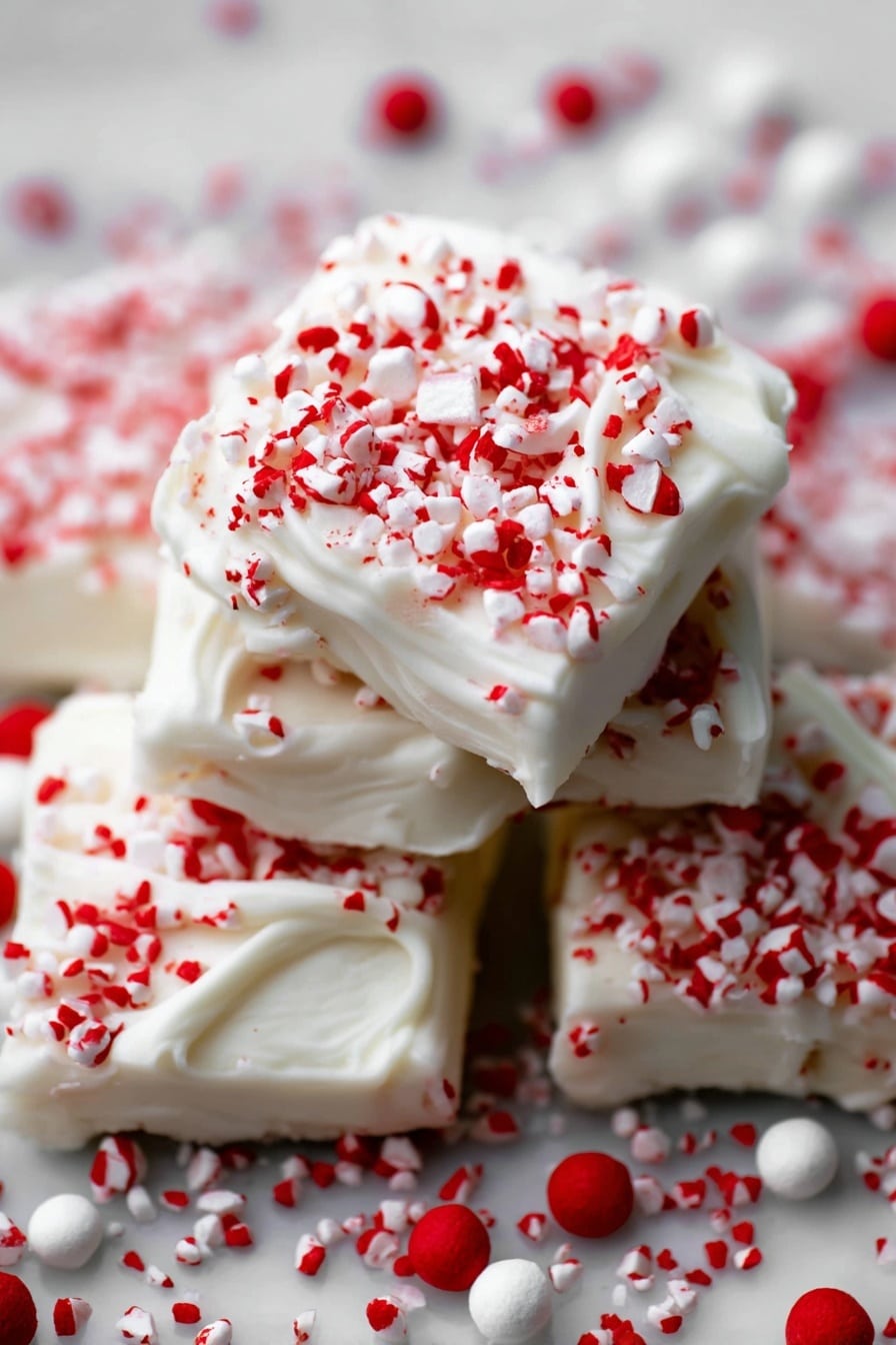 The image shows a close-up of two rectangular treats stacked on a white marbled surface. Each treat has three clear layers: the bottom layer is a crunchy brown cracker, the middle layer is a thick, smooth white coating, and the top layer is a thin white icing sprinkled with small, chopped red and white candy pieces. The texture of the cracker looks crumbly, while the white layers are smooth and creamy. There are more similar treats blurred in the background, lying flat on the white marbled surface. photo taken with an iphone --ar 2:3 --v 7 - Peppermint Crunch White Chocolate Covered Graham Crackers, peppermint graham cracker treats, white chocolate peppermint snacks, holiday peppermint desserts, easy peppermint candy