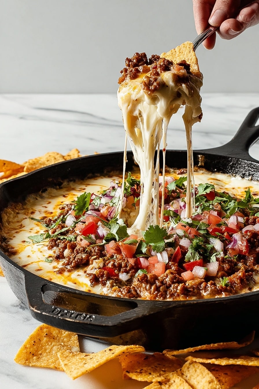 The image shows a round black cast iron pan filled with a layered dip. The base layer is creamy and yellowish, topped with melted white cheese that stretches as a woman’s hand lifts a triangular chip covered in the cheese. On top of the cheese, there is browned, seasoned ground meat scattered evenly. Fresh chopped red tomatoes and white onion pieces mixed with green herbs are sprinkled all over the dip, with bright green cilantro leaves on top. Surrounding the pan on a white marbled surface are multiple golden triangular chips, and a white bowl filled with a fresh mix of diced tomato, onion, and herbs with a spoon inside. Photo taken with an iphone --ar 2:3 --v 7 - Queso Fundido with Chorizo, Green Chilis, and Pico de Gallo, cheesy Mexican dip, spicy appetizer recipe, best Queso Fundido, easy Mexican cheese dip