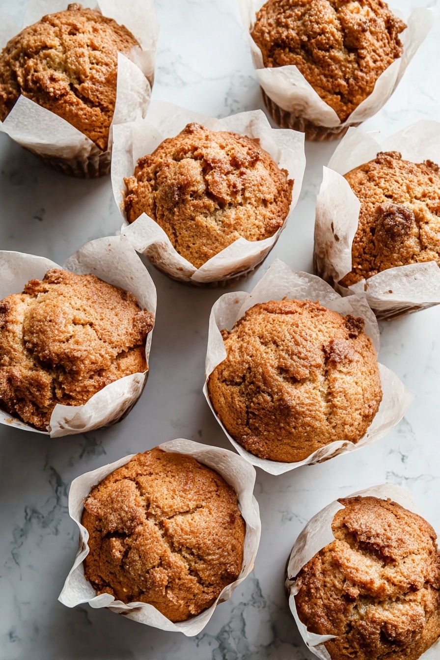 Three muffins are shown close up, each wrapped in white parchment paper that folds outward at the top edges. The muffins have a rough, crumbly golden brown texture with slight cracks on their domed tops and small dark spots indicating chips or nuts inside. They sit on a white marbled surface that softly reflects light, giving a clean and bright look. The closest muffin is centered and the others are positioned behind, slightly out of focus. photo taken with an iphone --ar 2:3 --v 7 - Mom's Zucchini Bread Muffins, zucchini bread muffin recipe, moist zucchini muffins, homemade zucchini muffins, cinnamon zucchini muffin recipe
