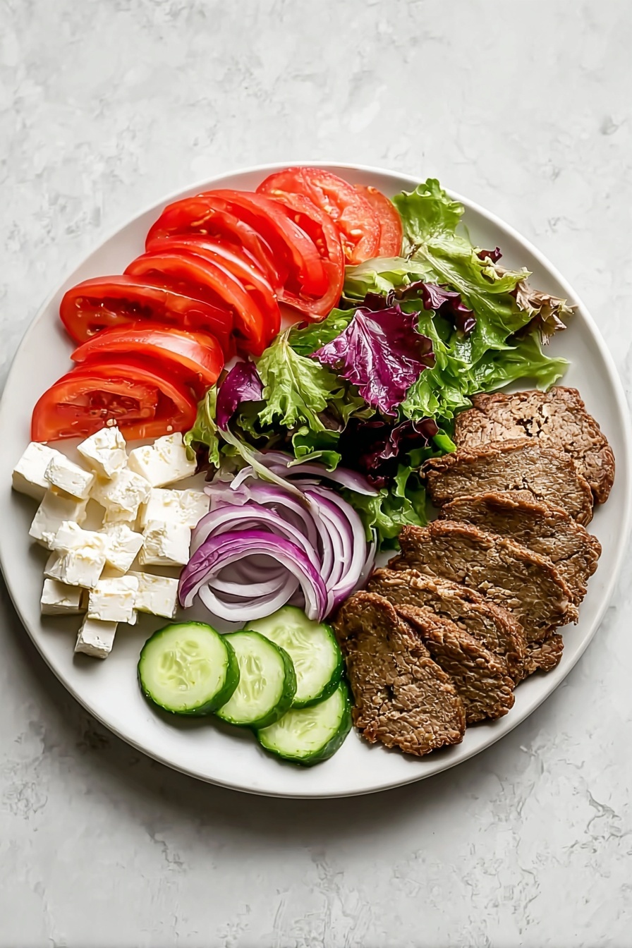 A white plate with six different layers of food. Starting from the top left, there are bright red tomato wedges arranged neatly. Next to the tomatoes on the right is a pile of fresh mixed green and purple lettuce leaves. Below the lettuce, on the bottom right, are several slices of brown cooked meat, fanned out. To the left of the meat are thin purple onion slices, slightly curled. Below the onions, near the bottom left, are round, green cucumber slices stacked in a small pile. Finally, on the left edge of the plate, there are white cubes of feta cheese. The plate sits on a white marbled surface. photo taken with an iphone --ar 2:3 --v 7 - Homemade Gyro Meat, gyro meat recipe, Mediterranean gyro, how to make gyro meat, homemade gyro